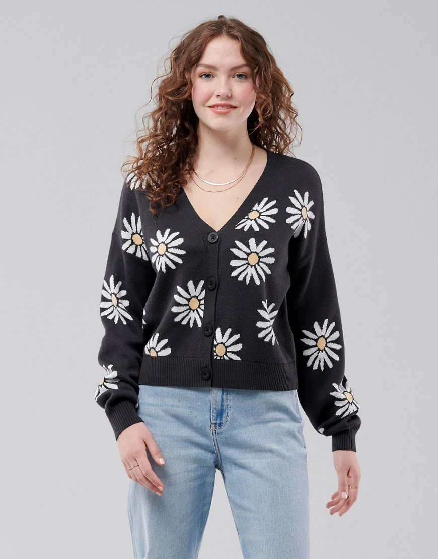 Hollister – Strickjacke in Schwarz mit Blumenmuster günstig online kaufen