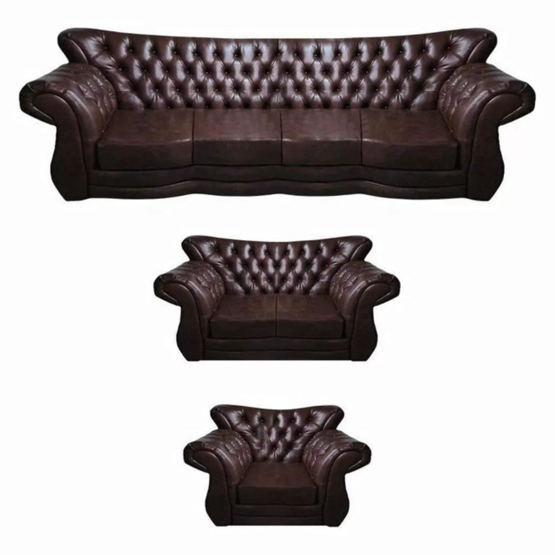 JVmoebel Chesterfield-Sofa Braun Sofas Set 3tlg Neu Luxus Komplett Leder Si günstig online kaufen