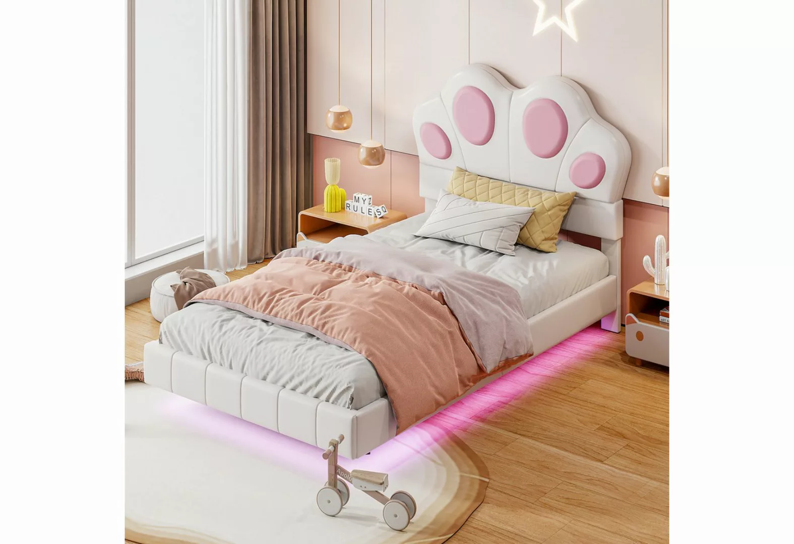 Flieks Polsterbett, LED Kinderbett Einzelbett 90x200cm mit Katzenpfotenform günstig online kaufen