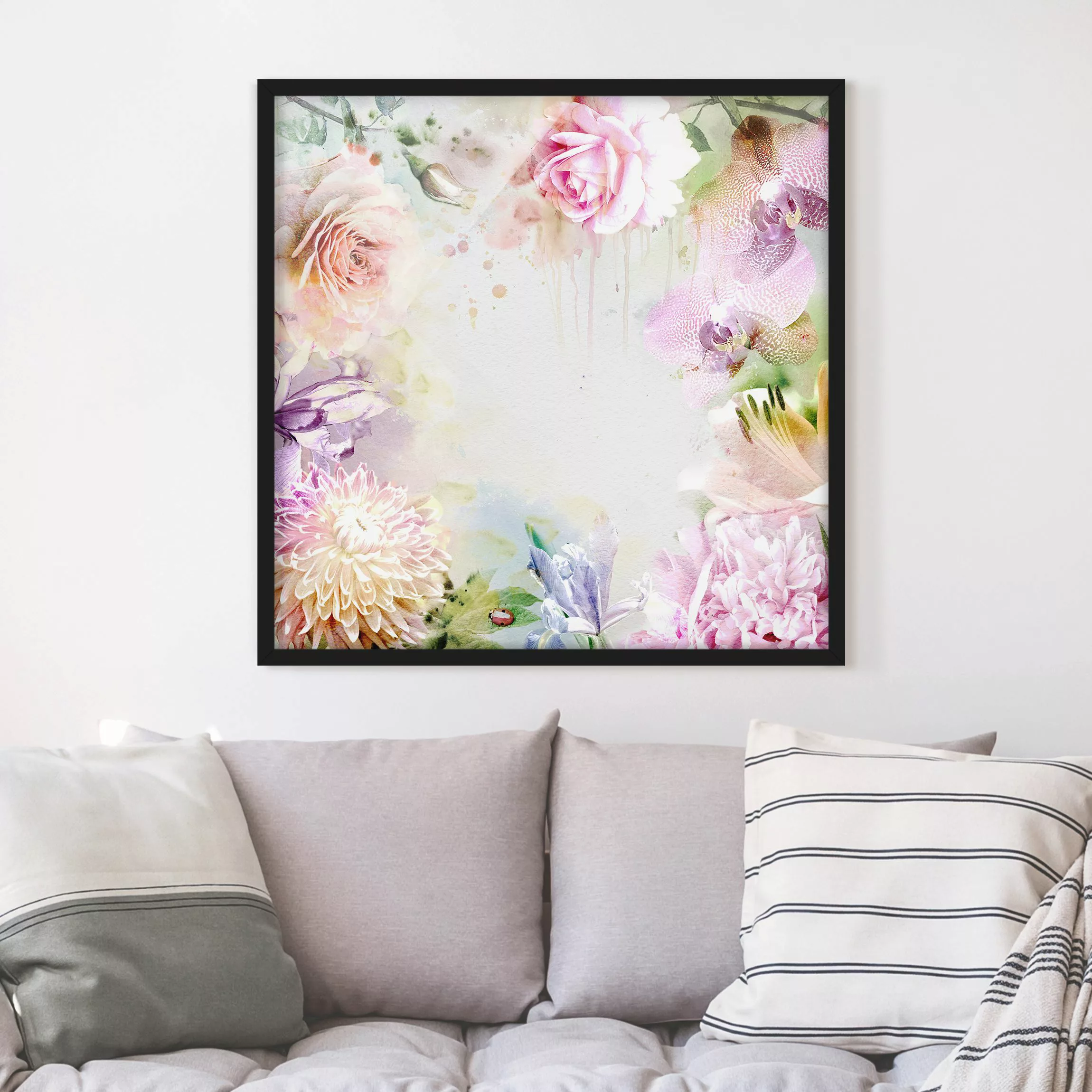 Bild mit Rahmen Blumen - Quadrat Aquarell Blütenmix Pastell günstig online kaufen