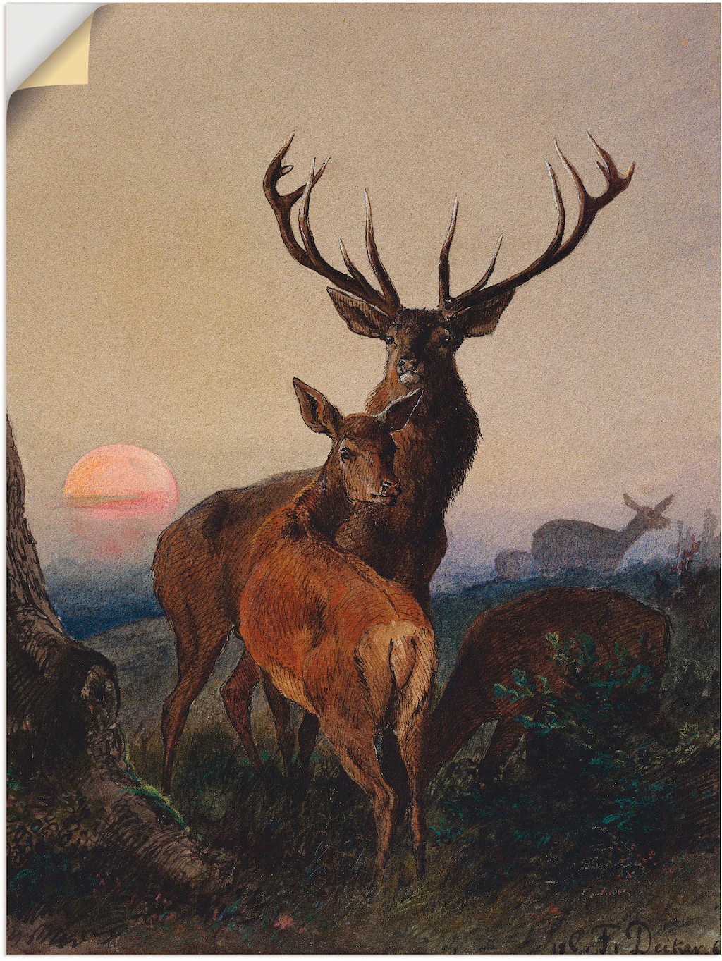 Artland Wandbild "Hirsch und ein Reh bei Sonnenuntergang", Wildtiere, (1 St günstig online kaufen