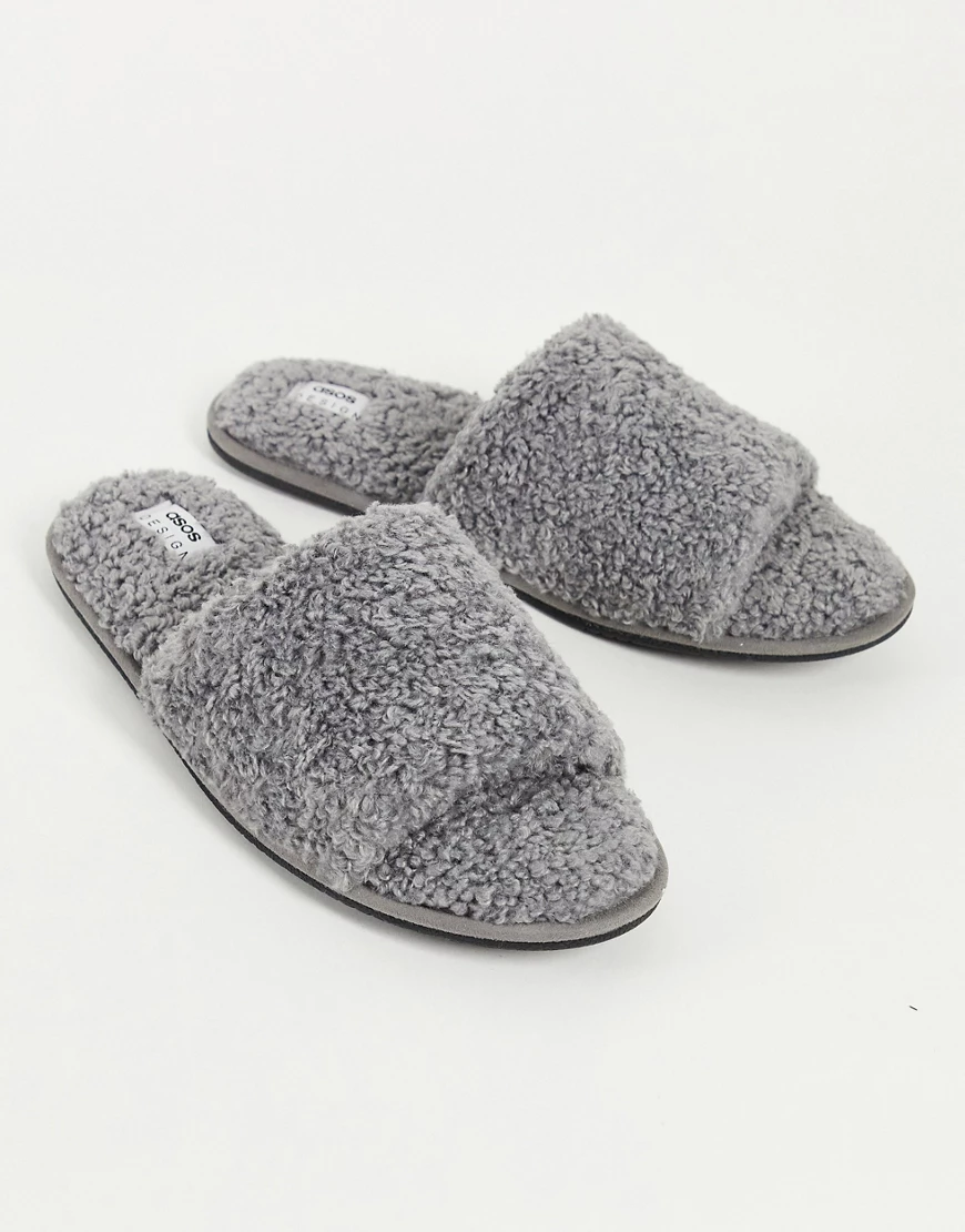 ASOS DESIGN – Slipper aus Teddyfell in Grau-Blau günstig online kaufen