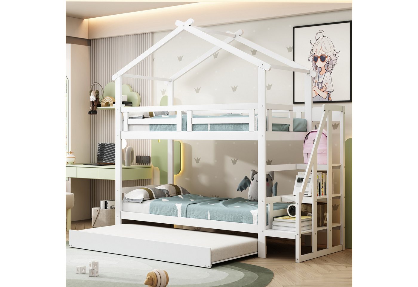 Flieks Etagenbett, Hausbett Kinderbett 90x200cm mit Ausziehbett 90x190cm + günstig online kaufen