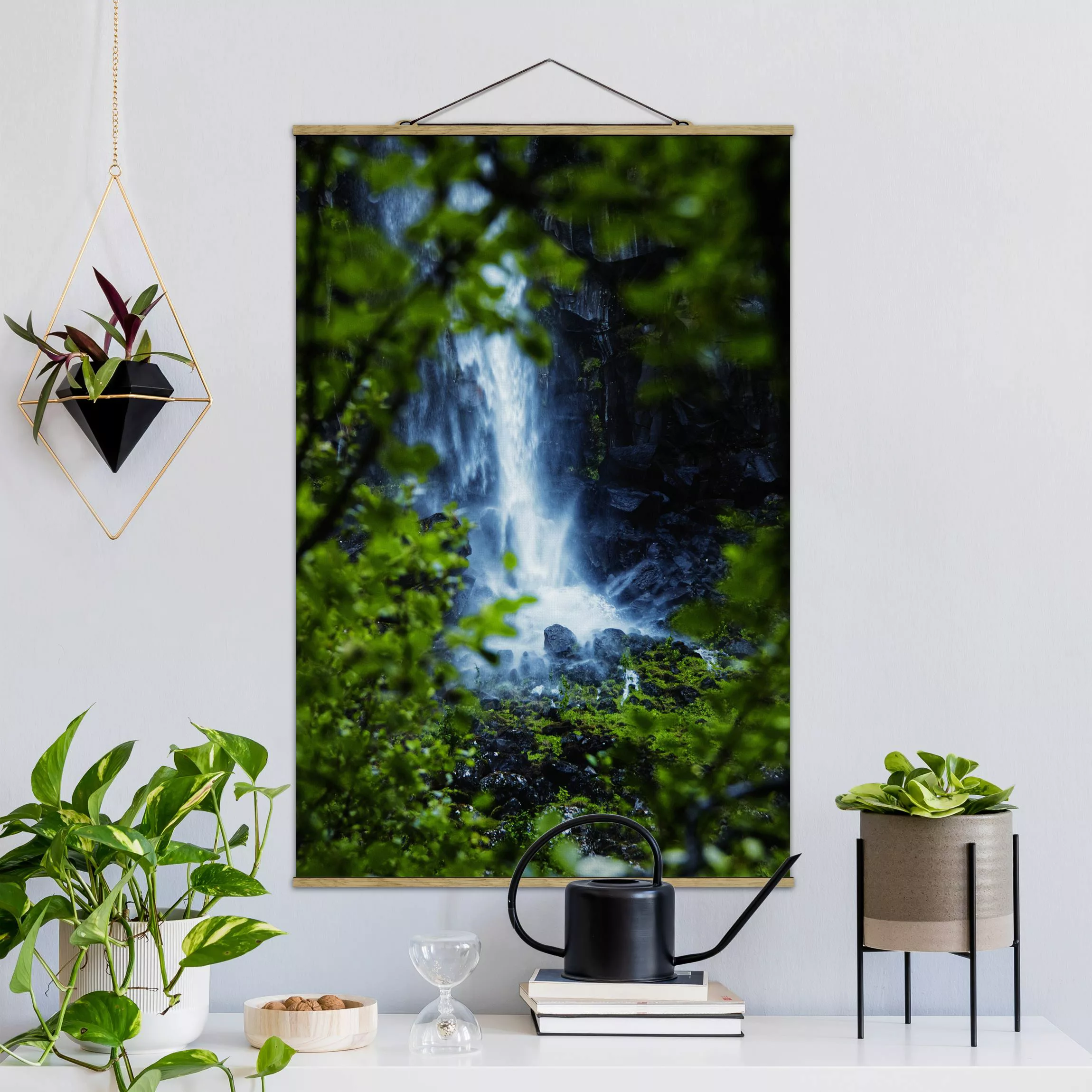 Stoffbild mit Posterleisten Blick zum Wasserfall günstig online kaufen