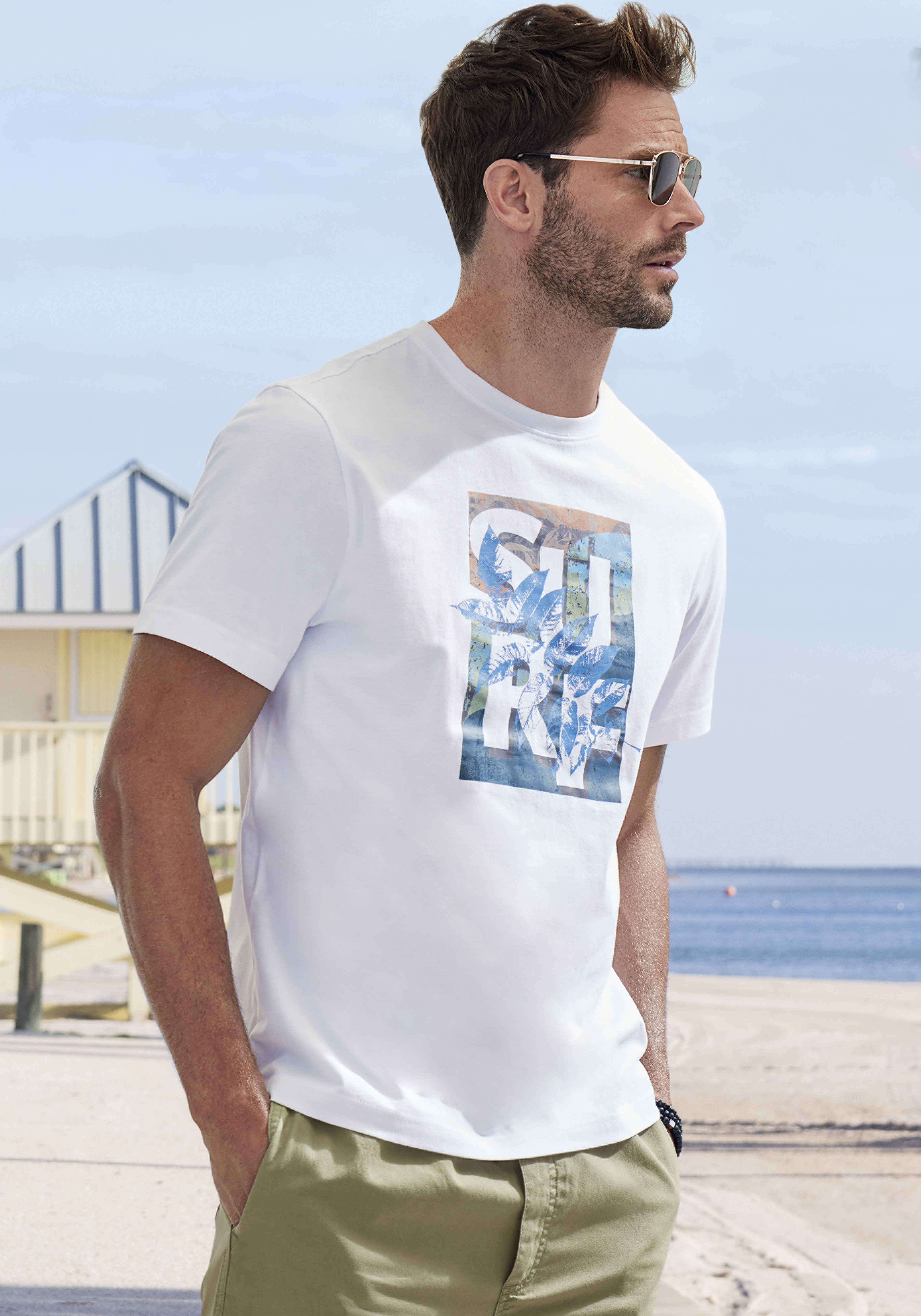 John Devin T-Shirt Rundhalsshirt mit Surf -Aufdruck aus reiner Baumwolle günstig online kaufen