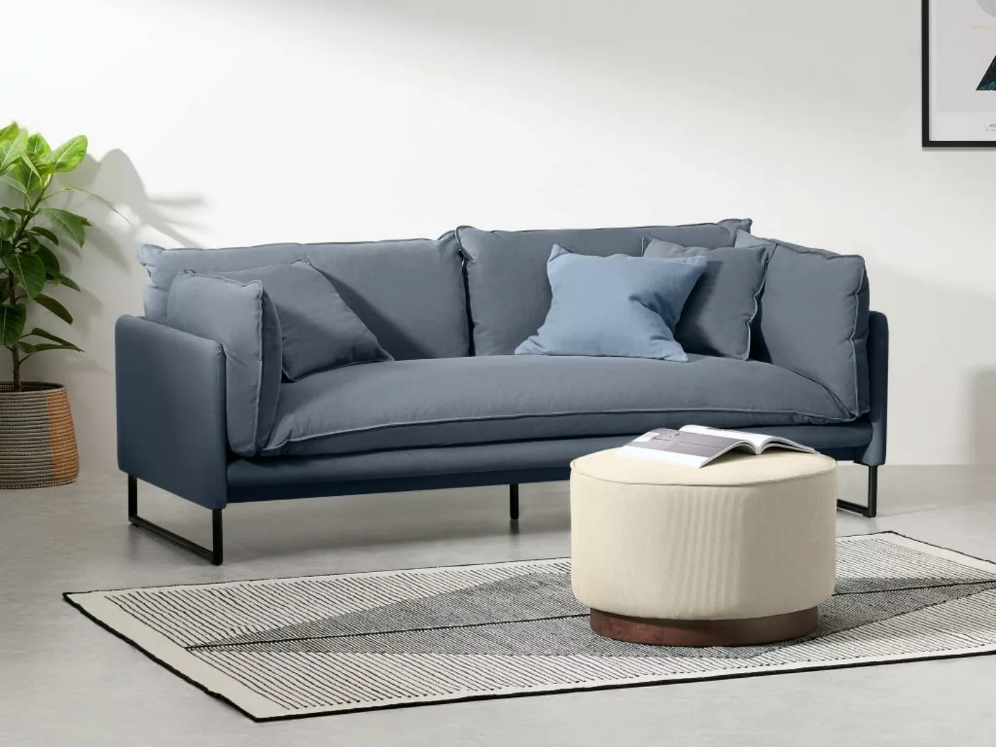 Sofa 3-Sitzer - Baumwolle & Leinen - Blau - MIROSE günstig online kaufen