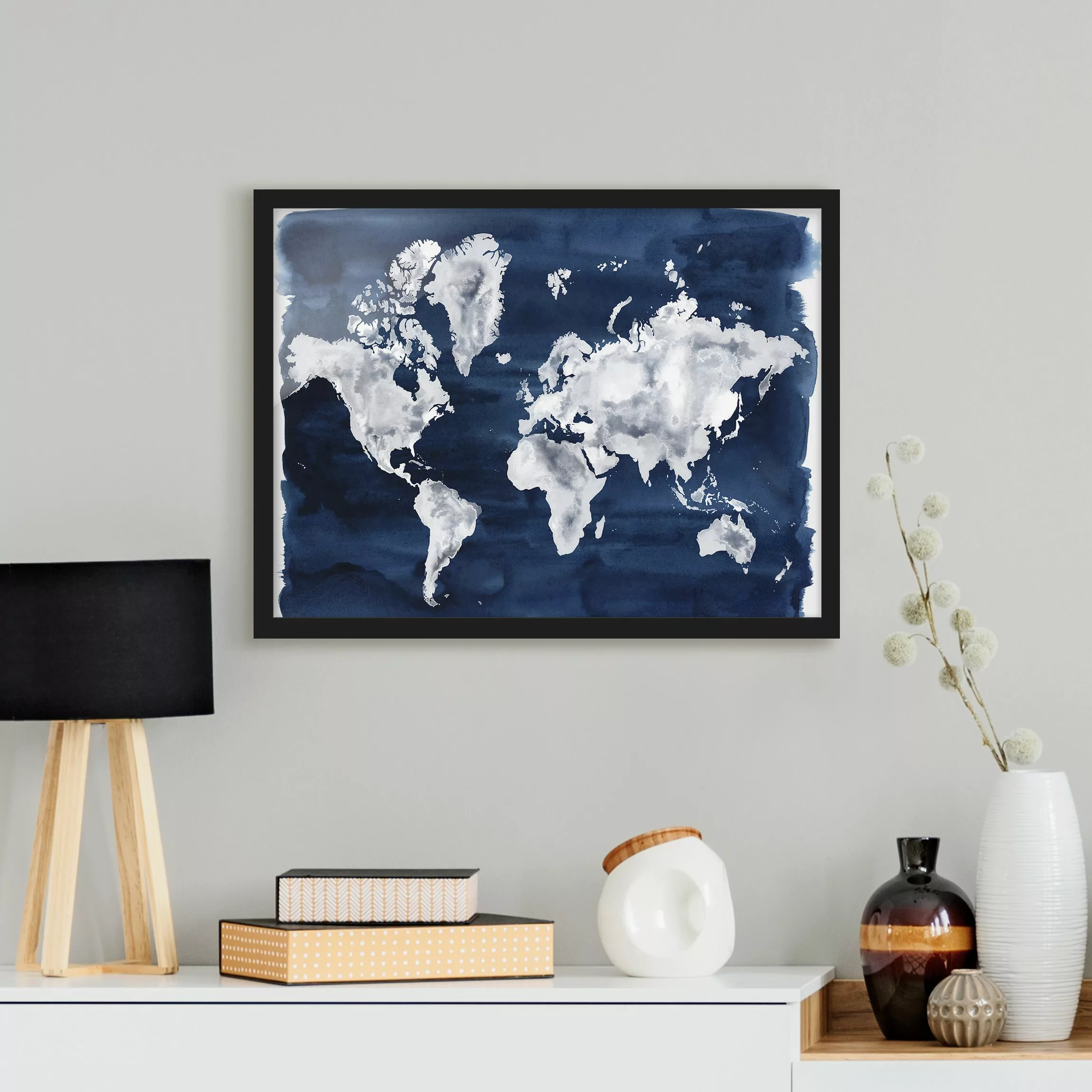 Bild mit Rahmen Stadt-, Land- & Weltkarte - Querformat Wasser-Weltkarte dun günstig online kaufen