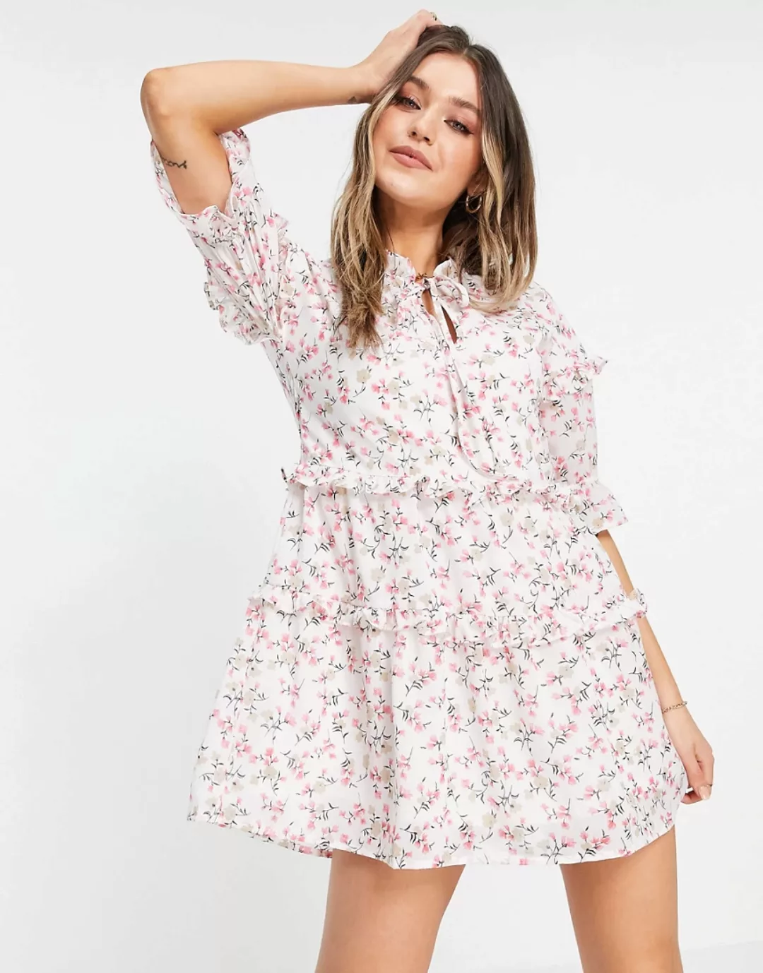 Influence – Minikleid in Weiß mit Blumendruck-Mehrfarbig günstig online kaufen