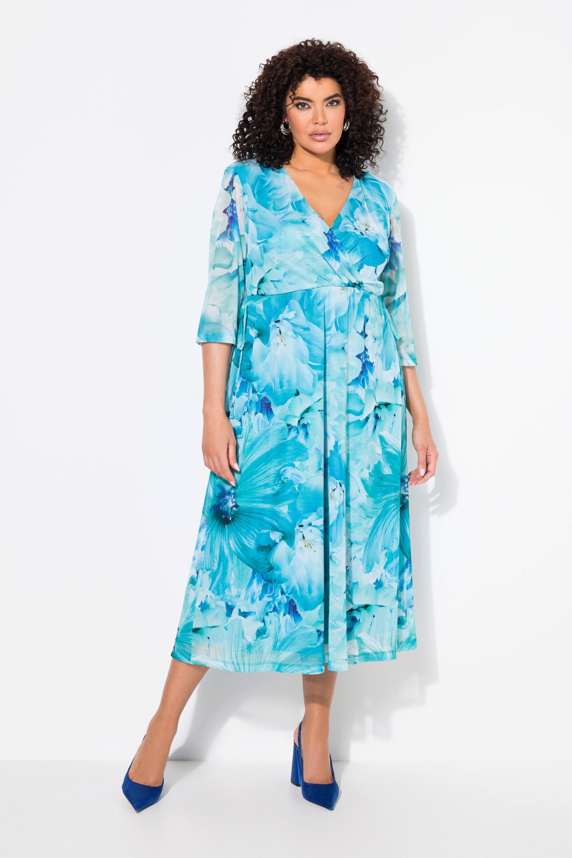 Ulla Popken Abendkleid Mesh-Maxikleid Blüten V-Ausschnitt günstig online kaufen