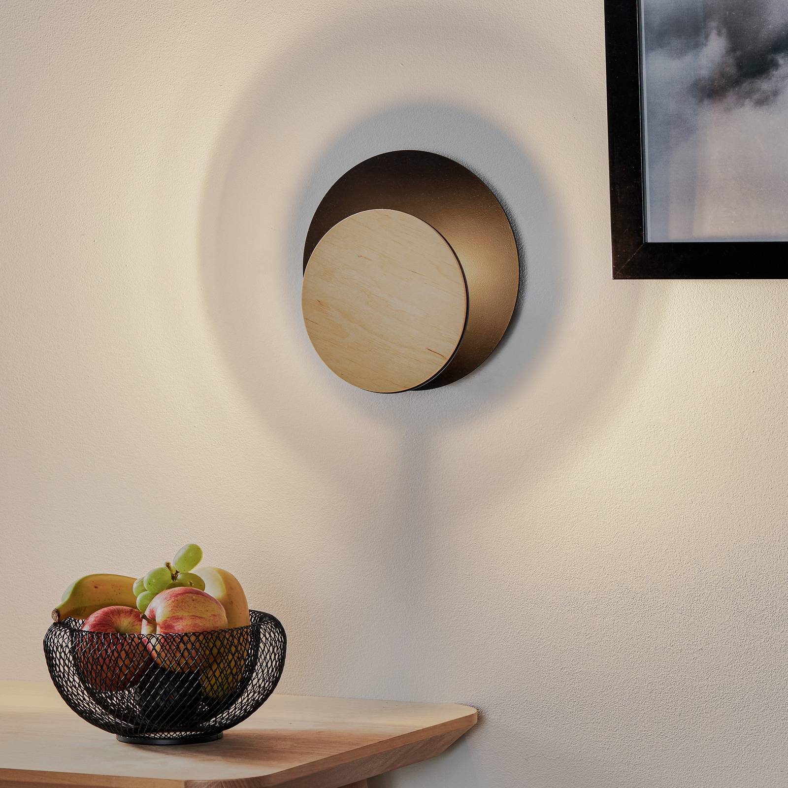 Wandlampe Circle in Schwarz mit Holz-Dekorplatte günstig online kaufen