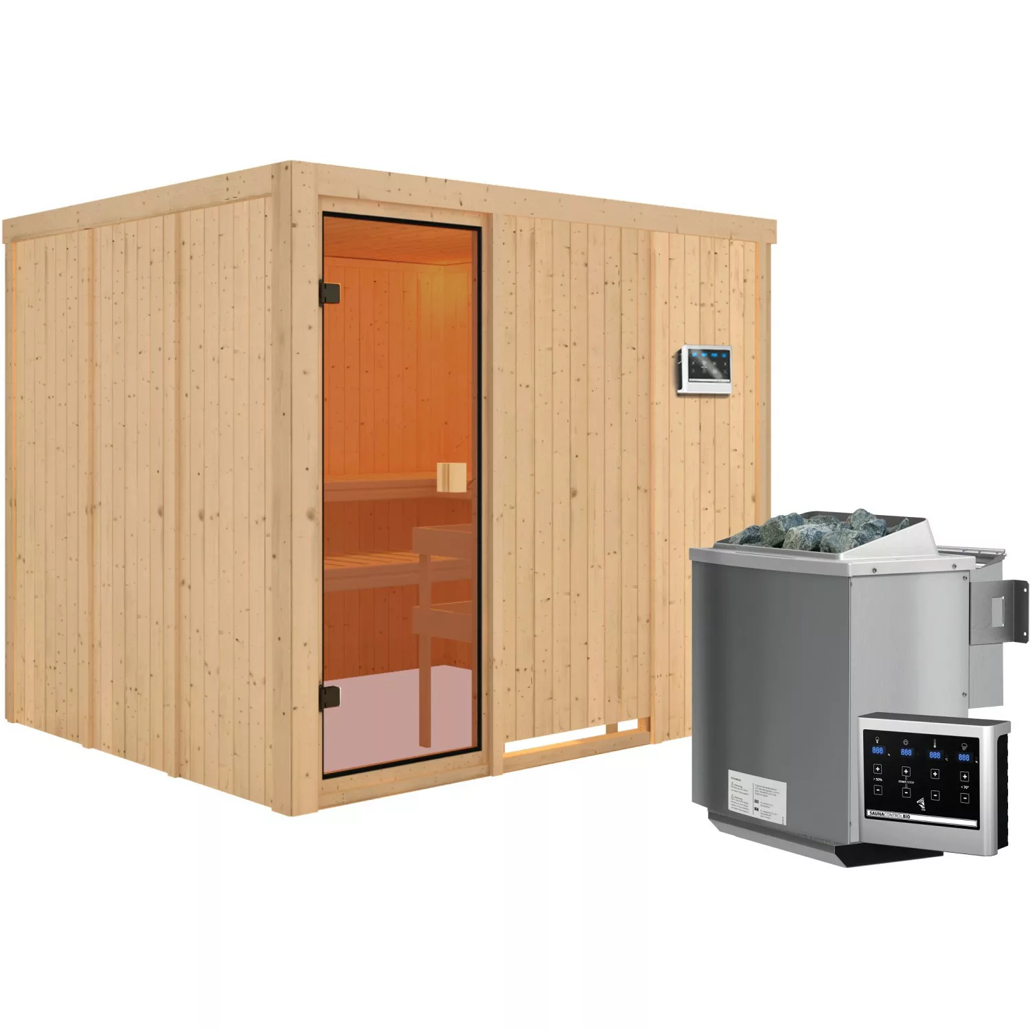 Karibu Sauna Nybro inkl. 9 kW Bio-Ofen mit ext. Strg., Glastür Bronziert günstig online kaufen