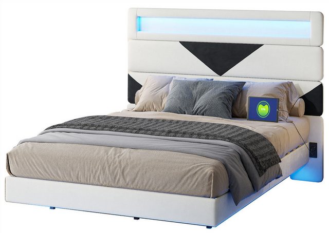 FUROKOY Polsterbett Doppelbett Hängebett mit LED-Beleuchtung und USB+Type C günstig online kaufen