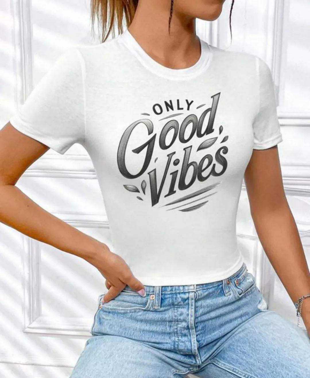 RMK T-Shirt Damen Shirt Bluse Top kurzarm Rundhals mit "Only Good Vibes" au günstig online kaufen