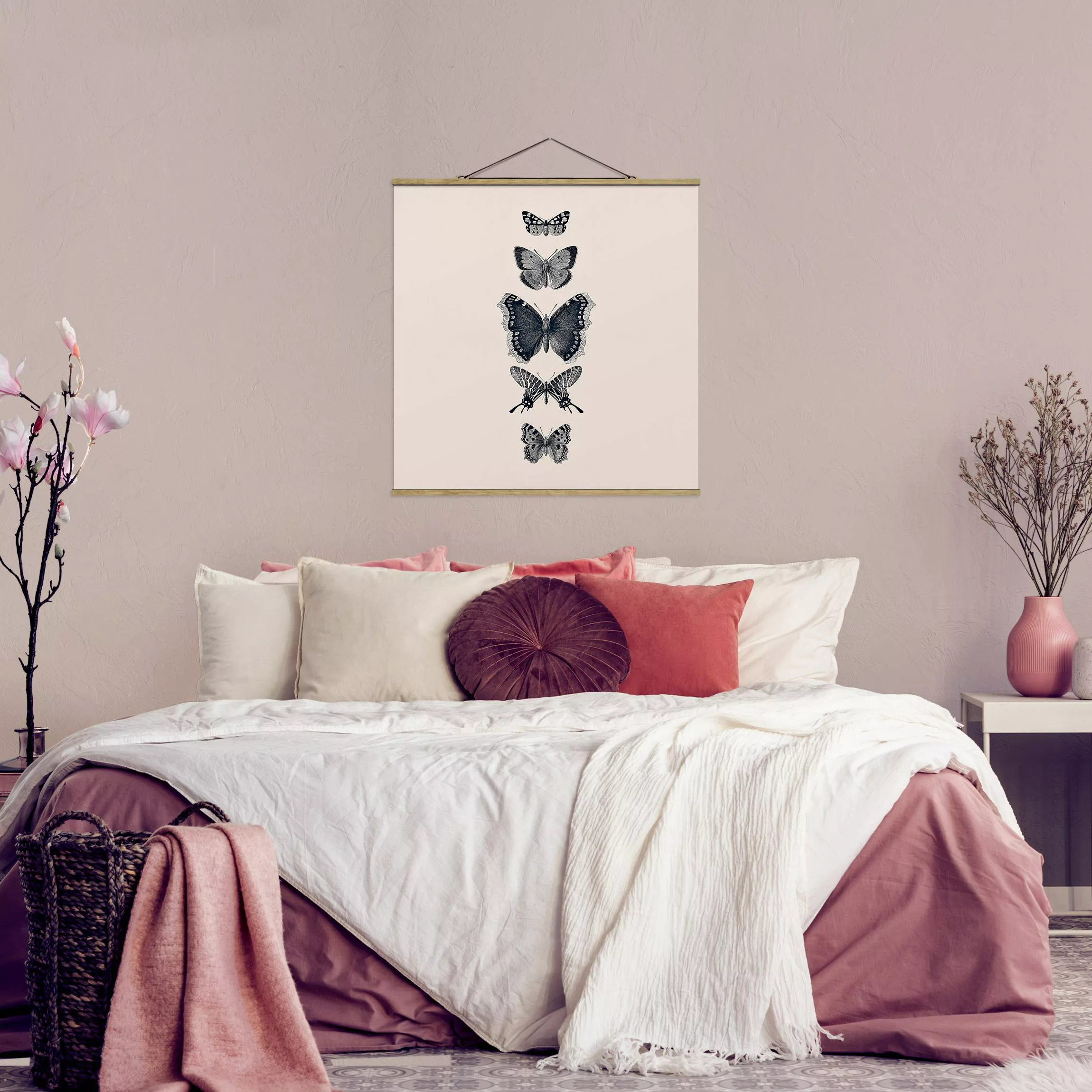 Stoffbild mit Posterleisten Tusche Schmetterlinge auf Beige günstig online kaufen