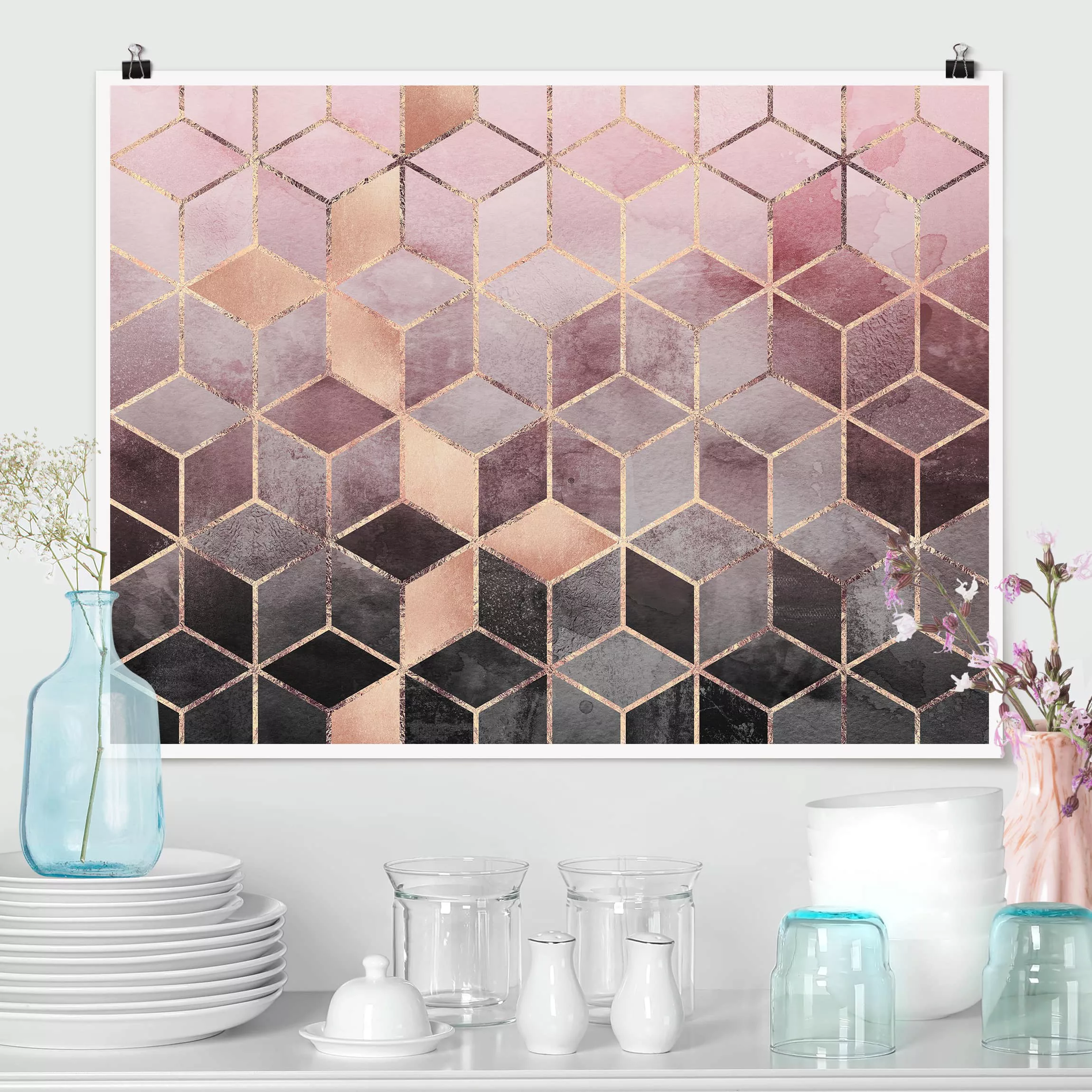 Poster Abstrakt - Querformat Rosa Grau goldene Geometrie günstig online kaufen