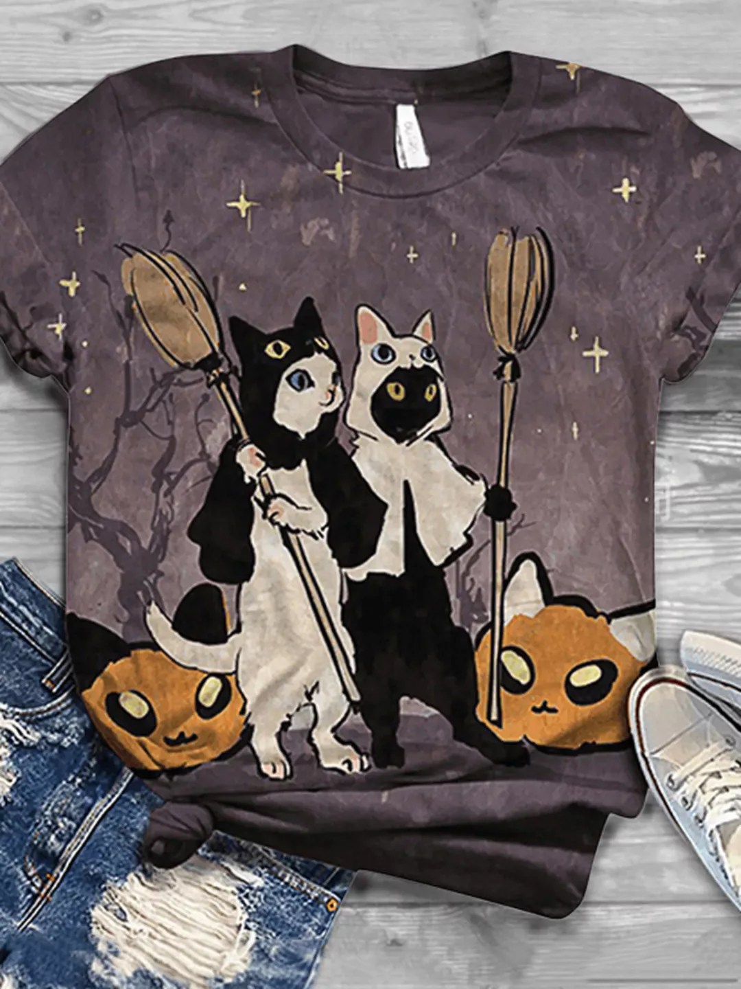 Cartoon Katze Bedrucktes Kurzarm-T-Shirt mit O-Ausschnitt für Damen günstig online kaufen