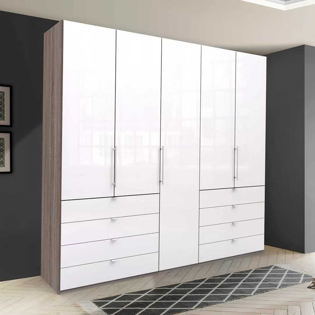 Moderner Ankleideschrank mit acht Schubladen und drei Türen glasbeschichtet günstig online kaufen
