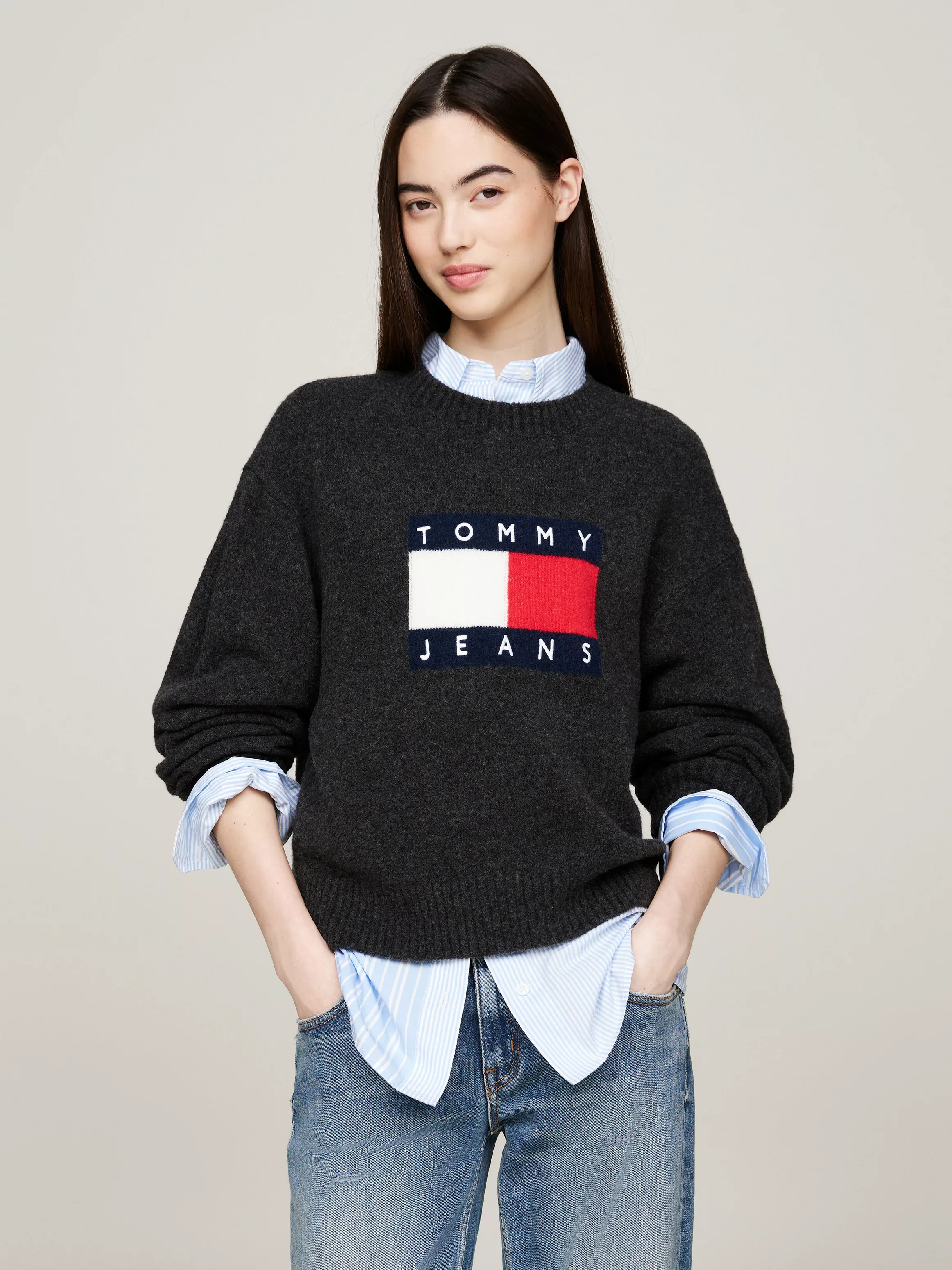 Tommy Jeans Strickpullover TJW MELANGE FLAG SWEATER EXT in melierter Optik, günstig online kaufen