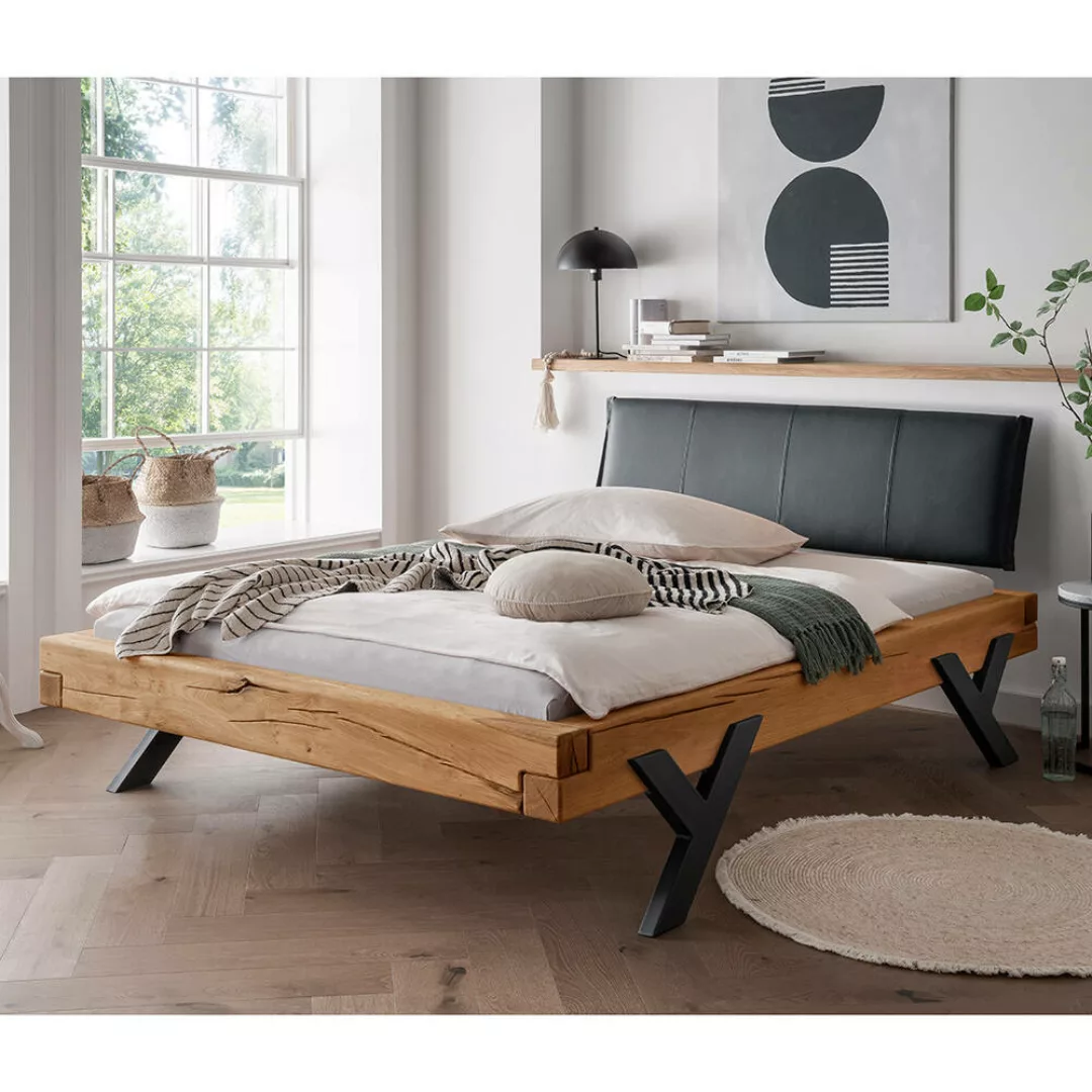 Massivholz Doppelbett, 140x200 cm, Eiche massiv, schwarzes Echtleder-Kopfte günstig online kaufen