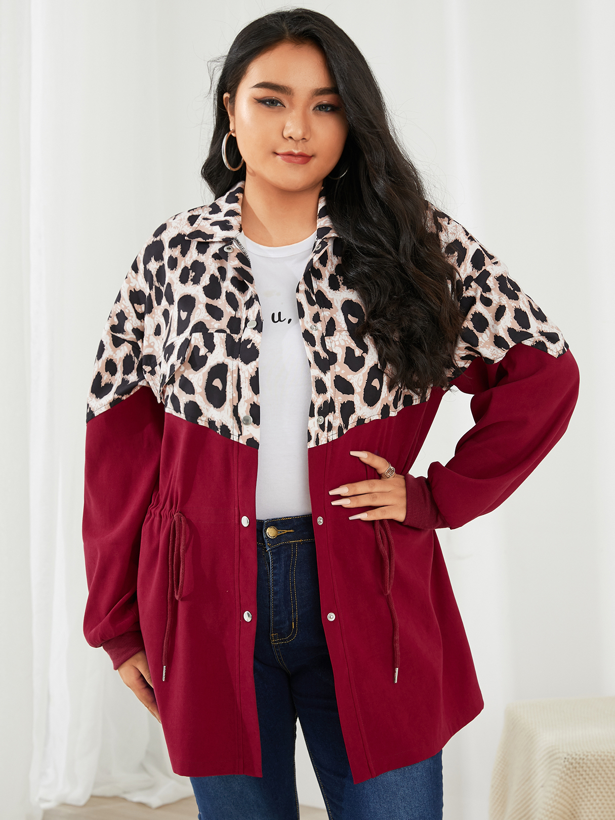 YOINS Plus Größe Leopard Patchwork Mantel mit Kordelzug günstig online kaufen