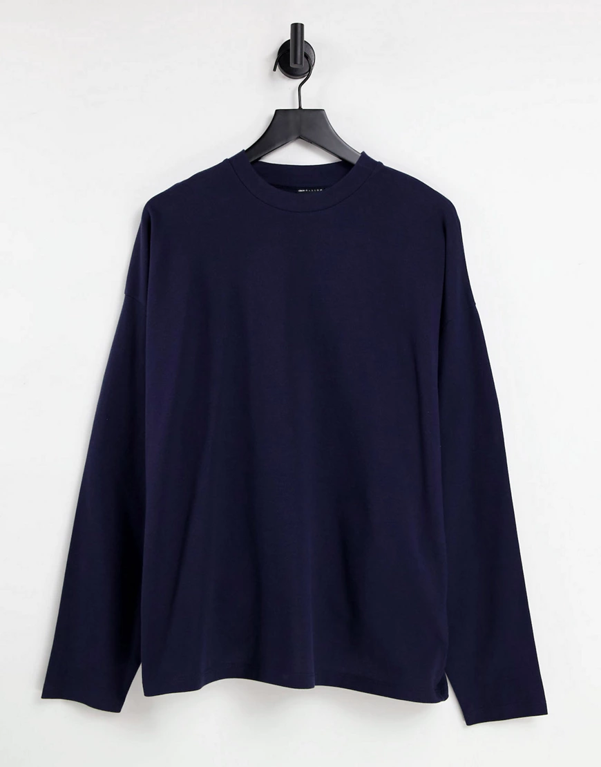 ASOS DESIGN – Langärmliges Pikee-Shirt mit Oversize-Schnitt in Marineblau günstig online kaufen