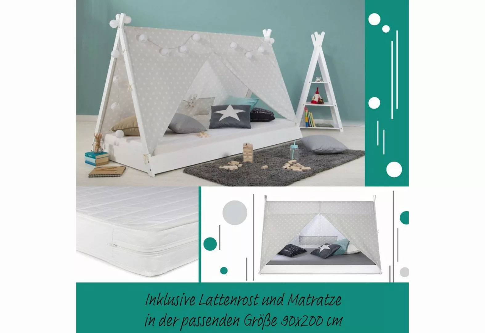 Homestyle4u Kinderbett mit Matratze Hausbett TIPI 90x200 Weiß oder Grau Vor günstig online kaufen