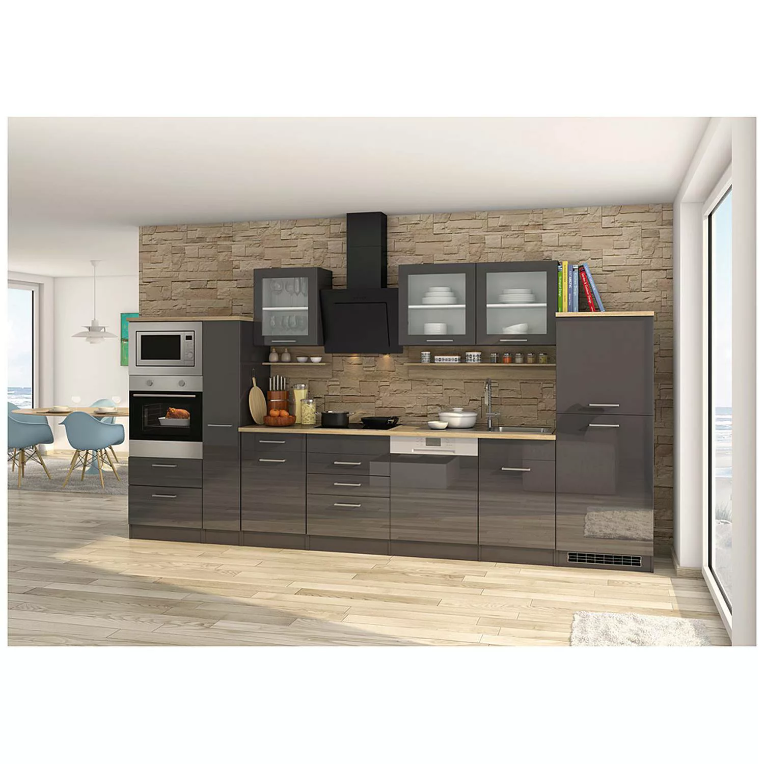 Küchenzeile komplett 370 cm grau mit Design-Glashaube MARANELLO-03 inkl. E- günstig online kaufen