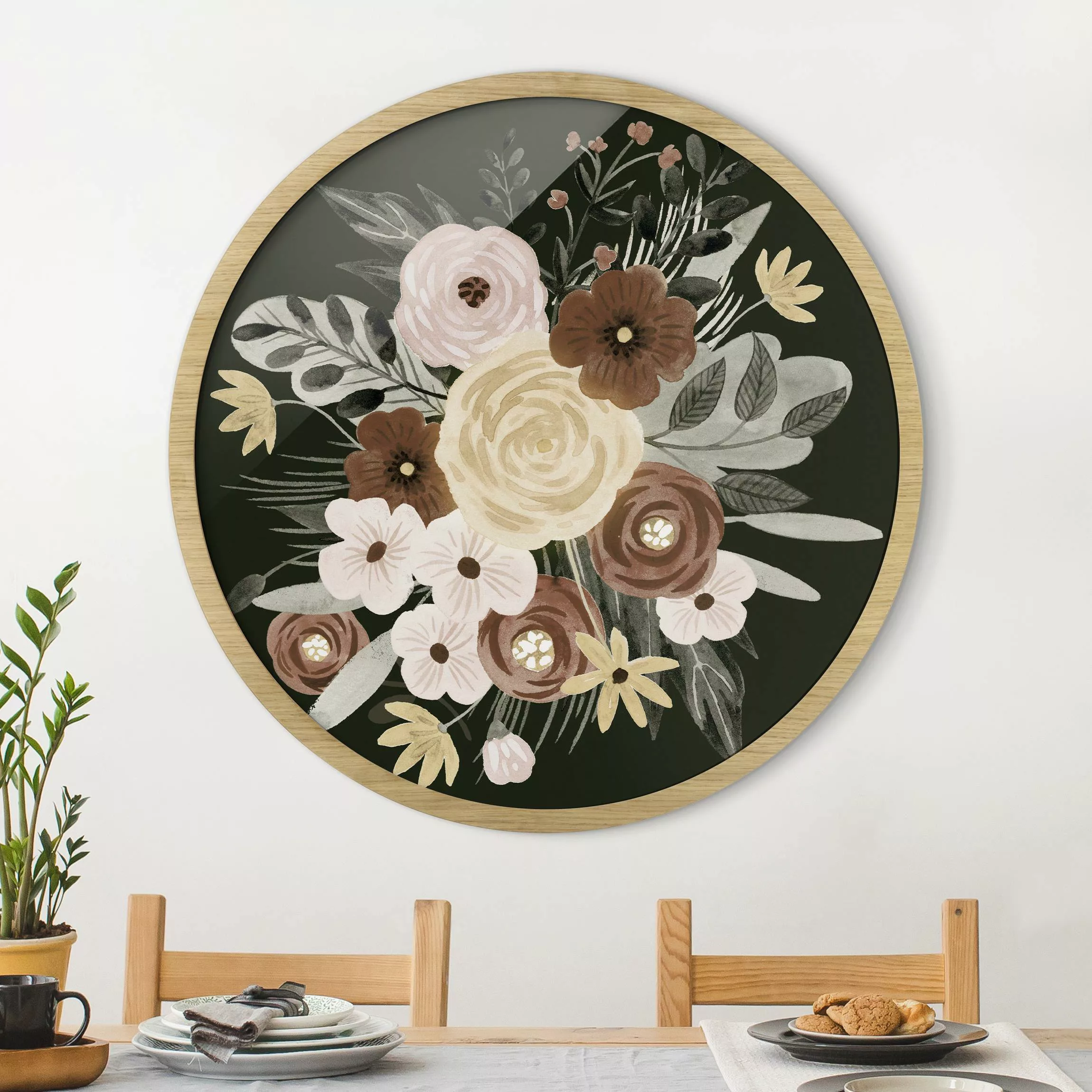 Rundes Gerahmtes Bild Pastell Blumenbouquet vor Grün I günstig online kaufen
