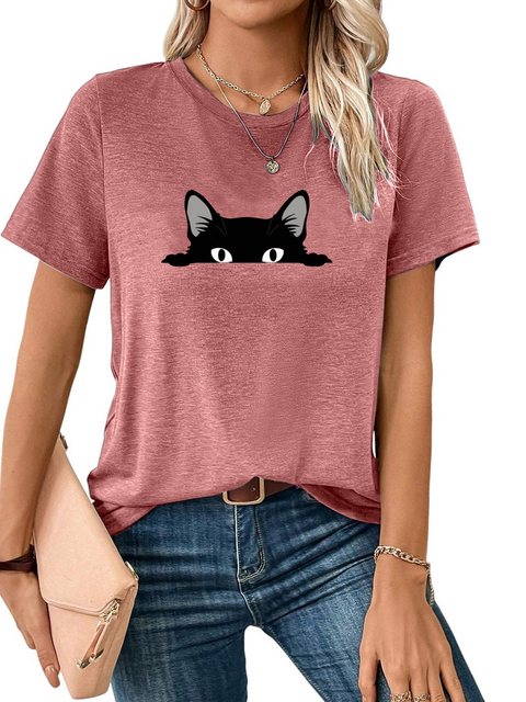 PYL T-Shirt Damen Sommer Casual T-Shirt mit Katze Print Tee günstig online kaufen