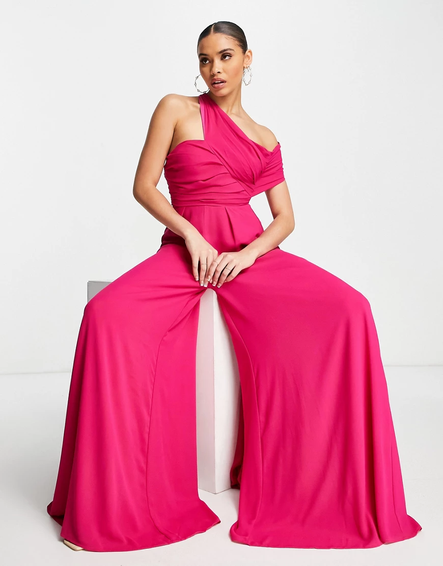 Yaura – Schwarzer Jumpsuit mit One-Shoulder-Träger und weitem Bein in Pink- günstig online kaufen