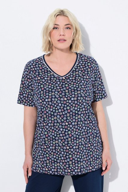 Ulla Popken Pyjamaoberteil Pyjamashirt Blüten V-Ausschnitt Halbarm günstig online kaufen