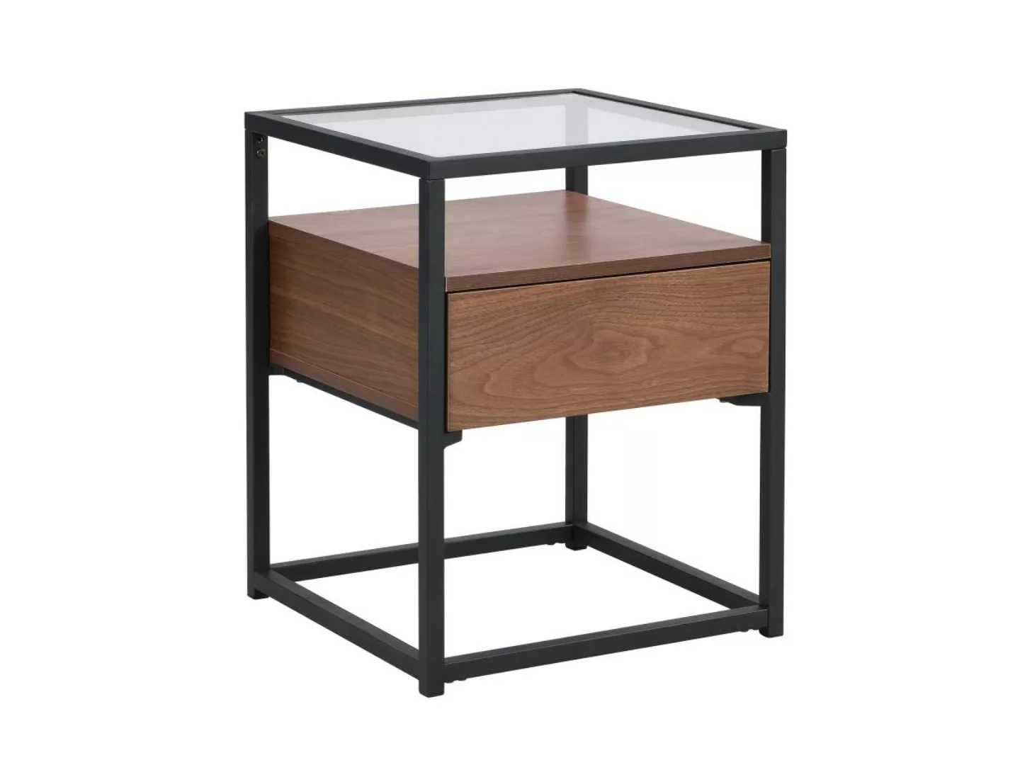 Nachttisch mit 1 Schublade - MDF, Glas & Metall - Dunkle Naturfarben & Schw günstig online kaufen