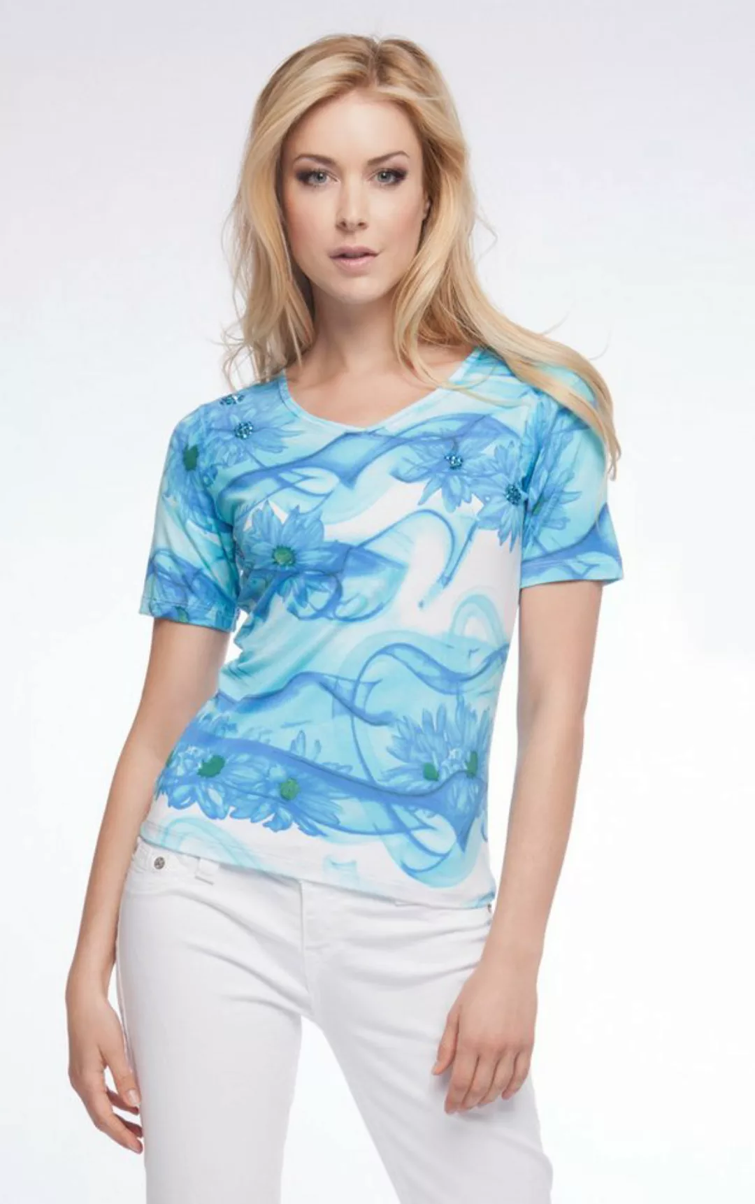 Passioni Print-Shirt T-Shirt mit abstraktem Blumendruck in Blau und kleinen günstig online kaufen