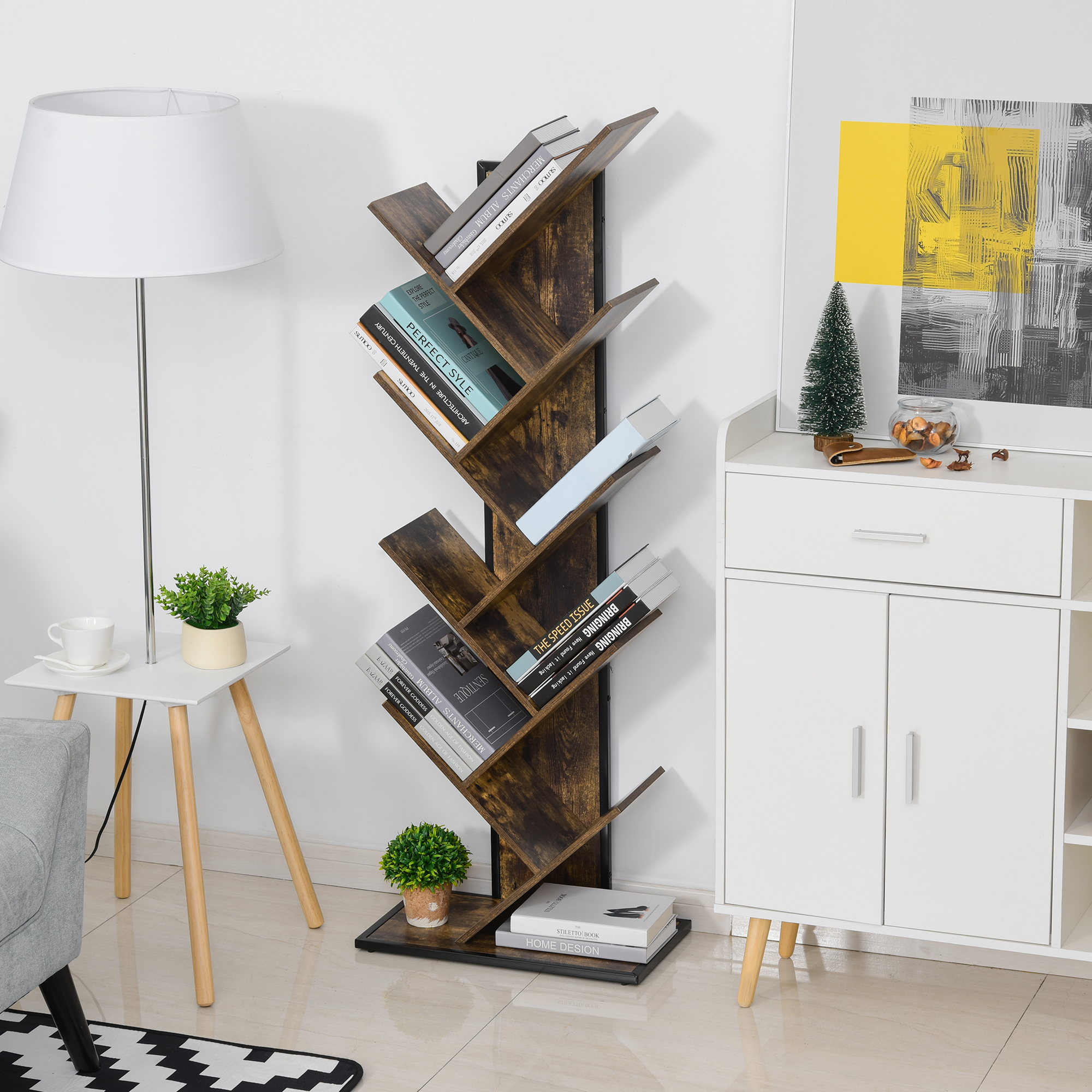 HOMCOM Baum-Bücherregal aus Holz, platzsparender Säulenschrank mit 10 Regal günstig online kaufen