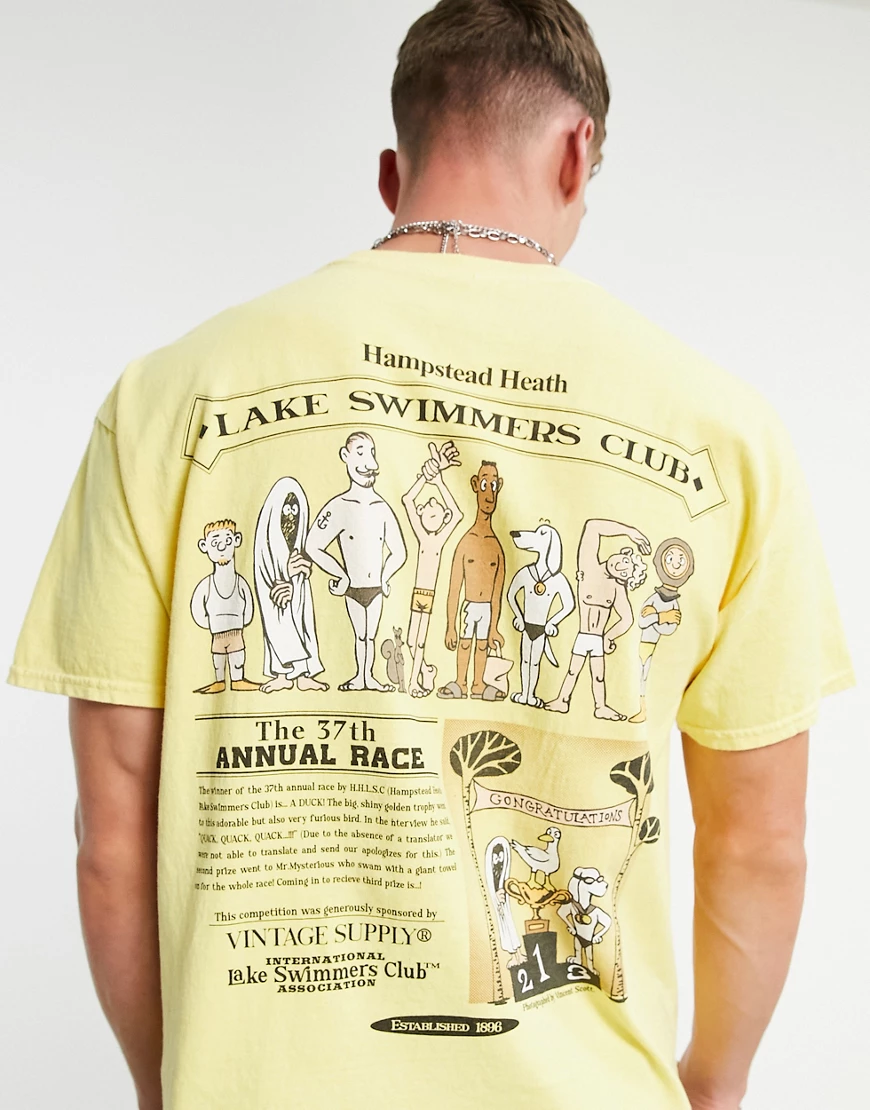 Vintage Supply – T-Shirt mit „Swimmers Club“-Rückenprint in Gelb günstig online kaufen