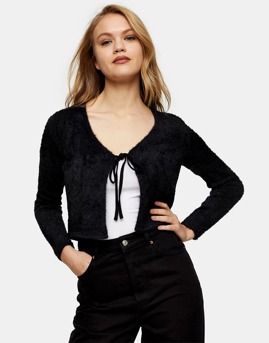 Topshop – Schwarze Strickjacke mit Schnürung vorne günstig online kaufen