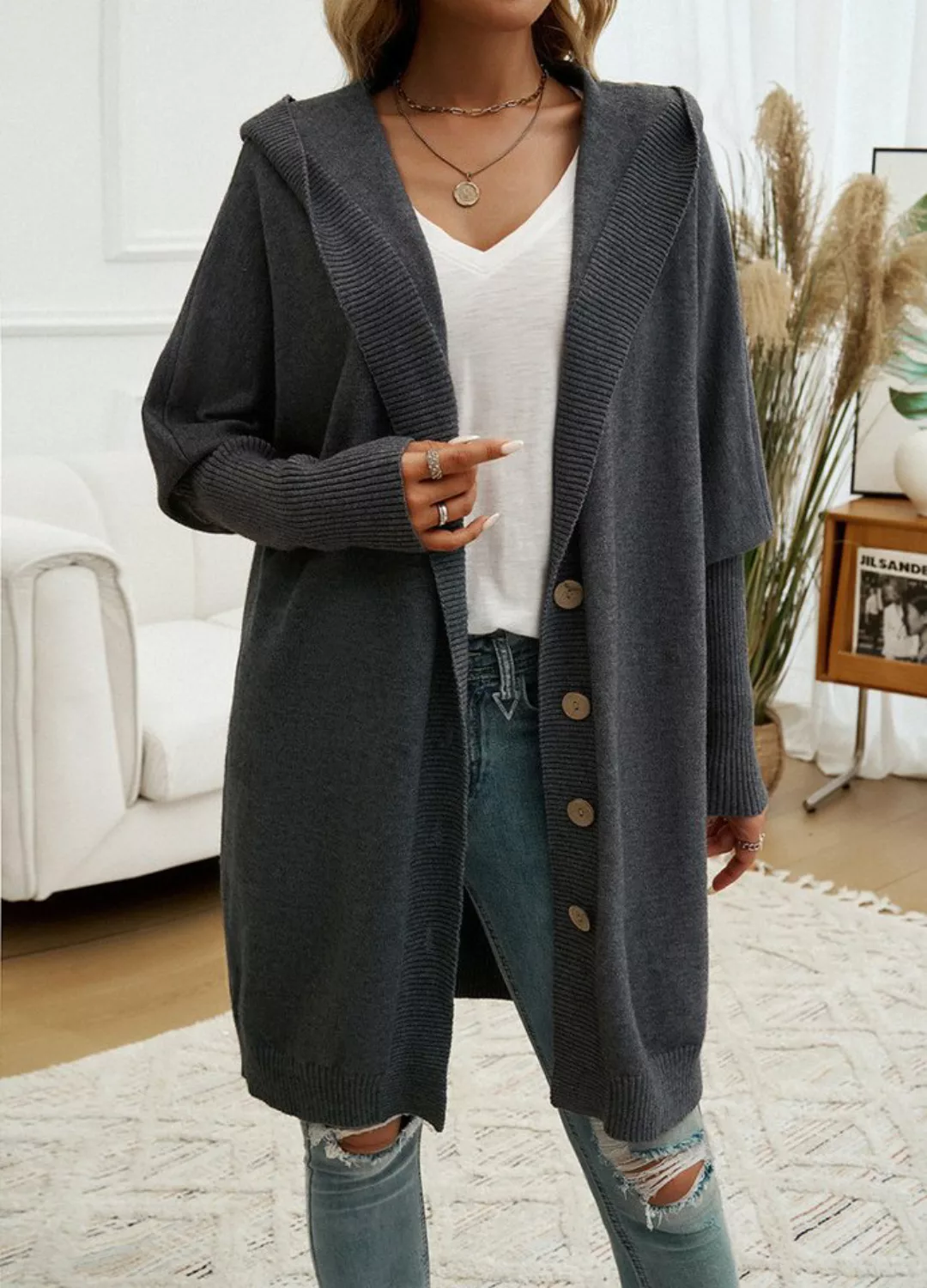 DEBAIJIA Cardigan Damen Cardigan Tasten Einfarbig Gestrickt Langärmelig Win günstig online kaufen