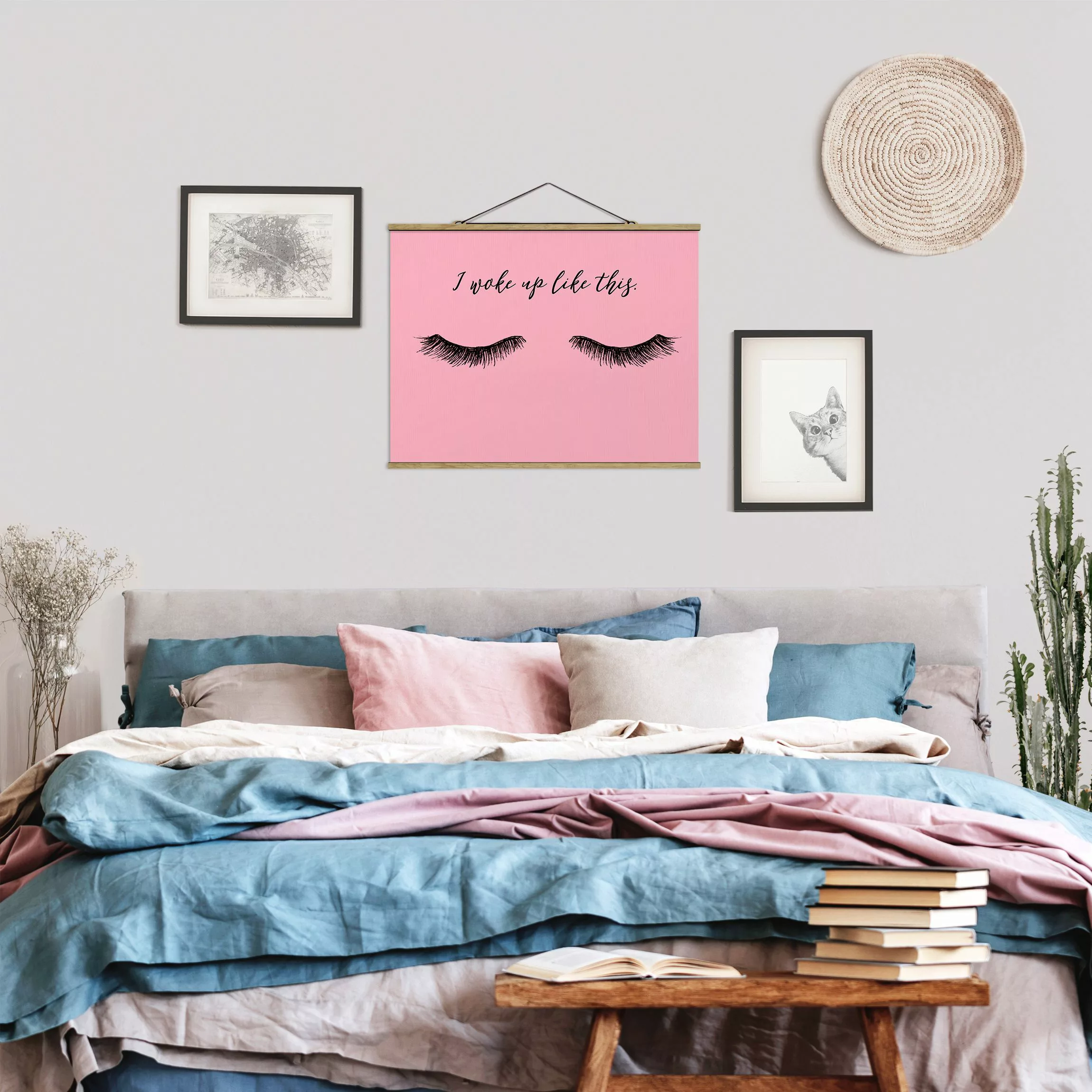Stoffbild Kinderzimmer mit Posterleisten - Querformat Wimpern Chat - Wake u günstig online kaufen