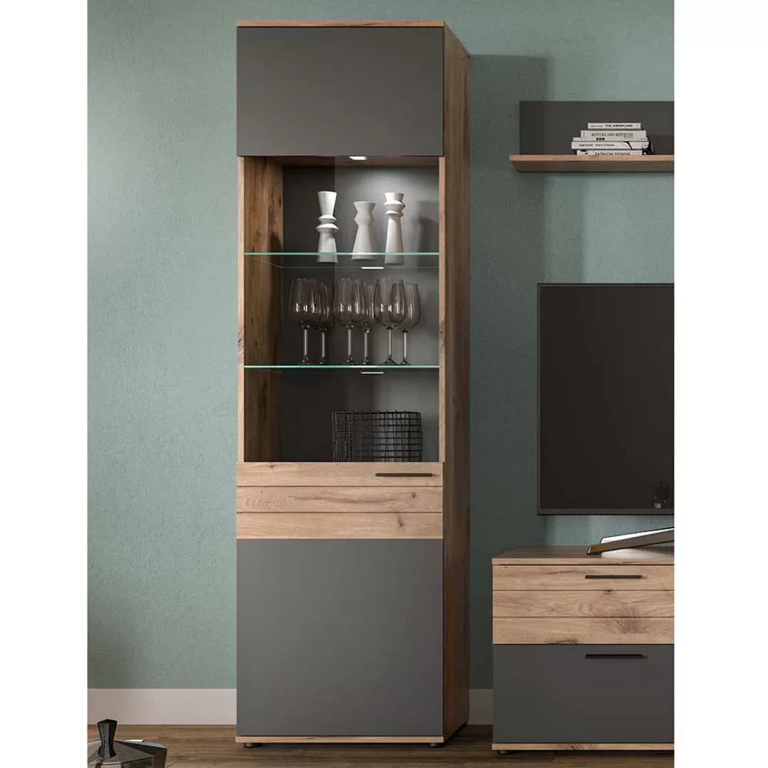 Wohnzimmervitrine modern in Wildeichefarben & Grau 200 cm hoch günstig online kaufen