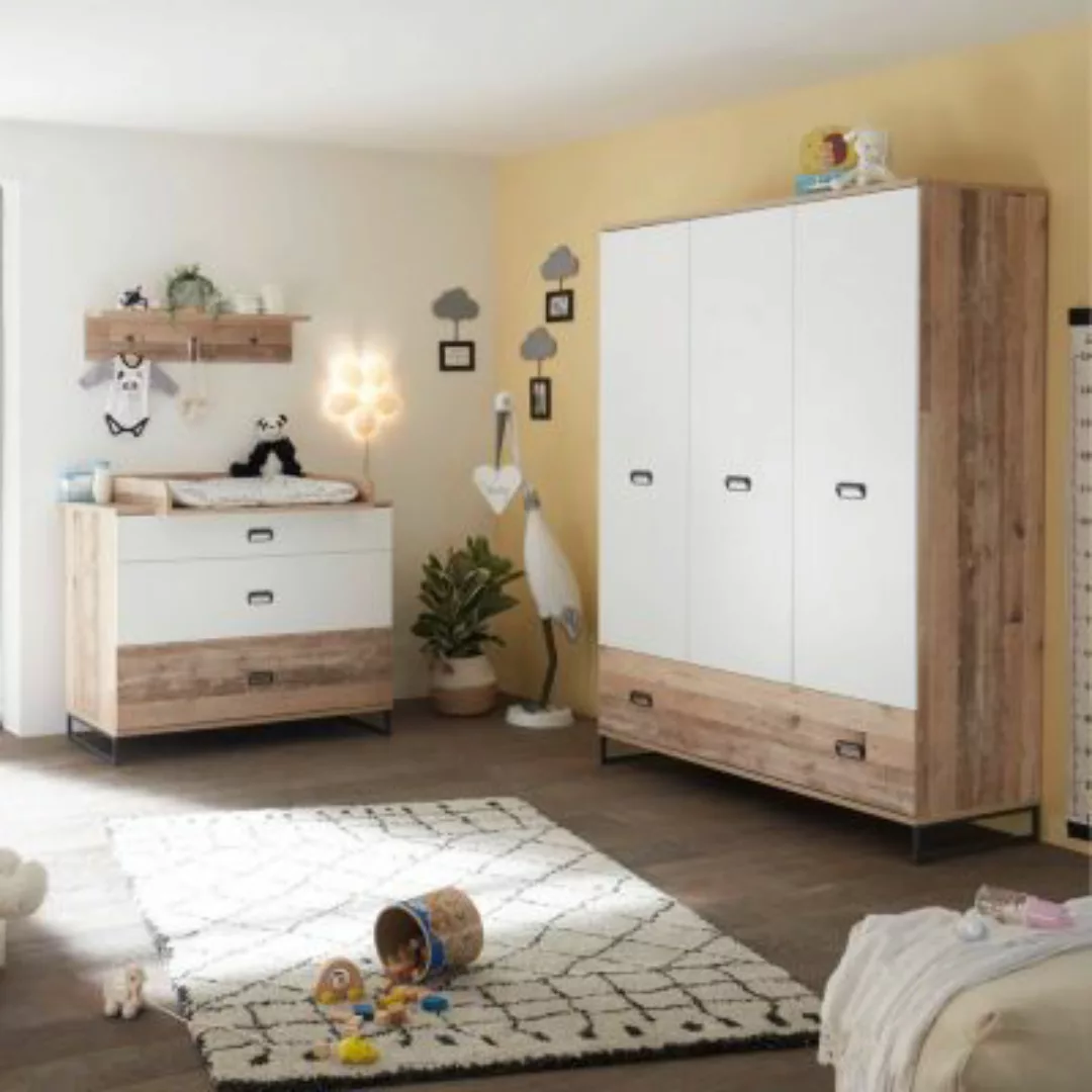 Lomadox Babyzimmer Set 3-tlg. ROANNE-78 in Eiche Old Style hell / weiß brau günstig online kaufen