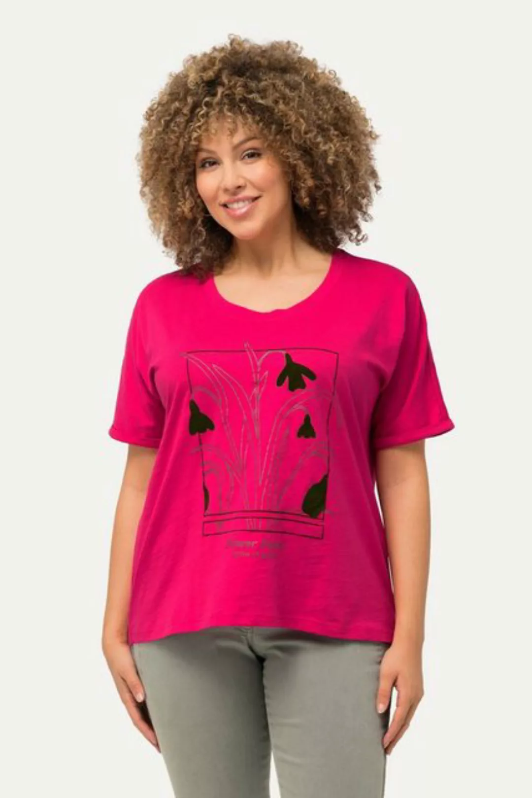 Ulla Popken Rundhalsshirt T-Shirt Gartenmotiv Oversized Rundhals Halbarm günstig online kaufen