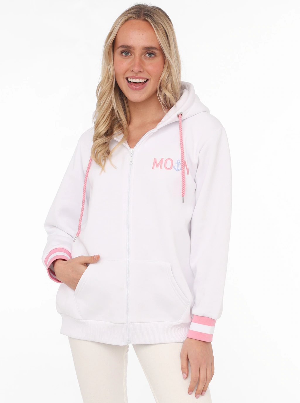 Zwillingsherz Sweatjacke, mit gesticktem "Moin" und neonfarbenen Details günstig online kaufen