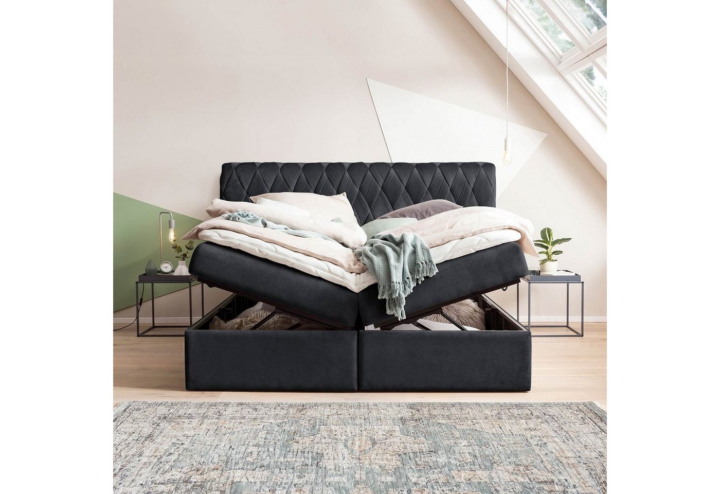 BettCo Stauraumbett Boxspringbett mit Bettkasten Lyon (in Schwarz Samt, 180 günstig online kaufen