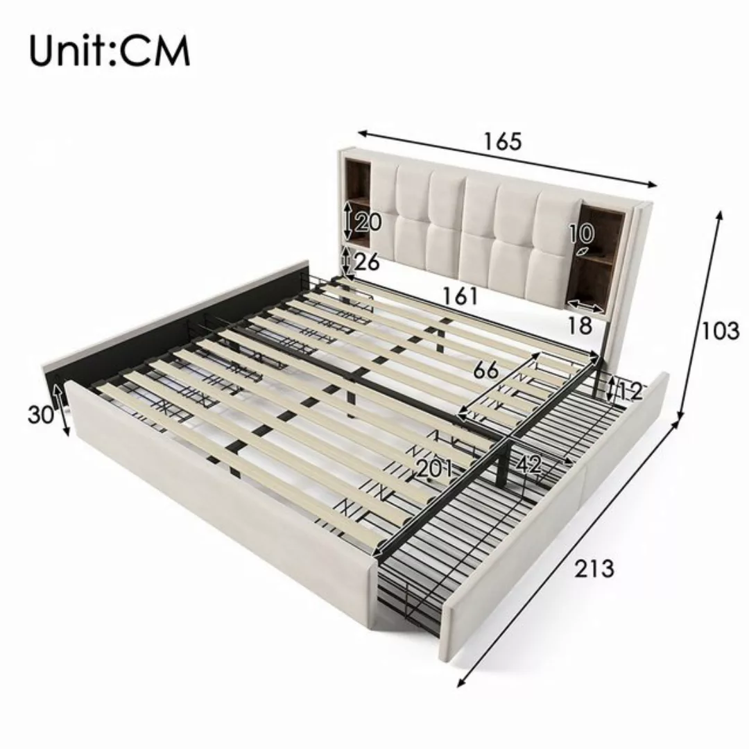 Sweiko Polsterbett Doppelbett mit Kabellosem Laden USB C& 4 Schubladen, (La günstig online kaufen