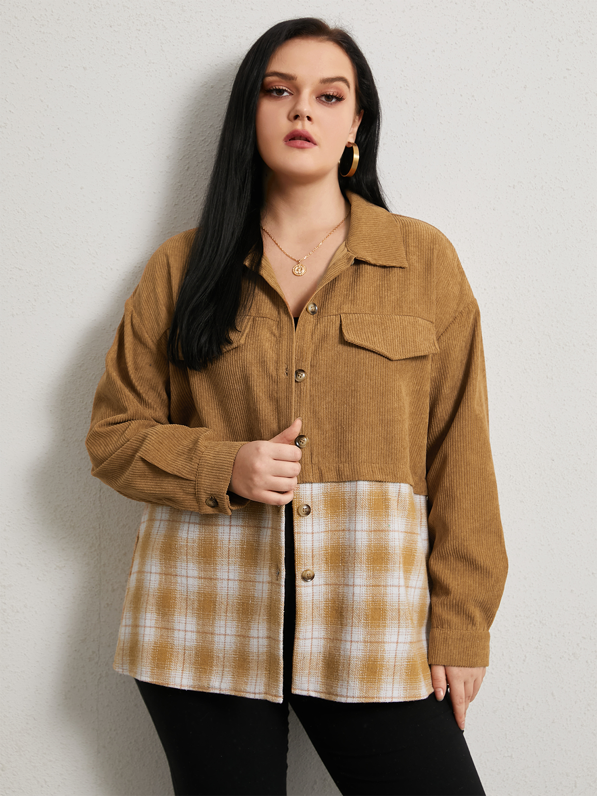 YOINS Plus Size Reverskragen Plaid Button Design Patchwork Pocket Jacke günstig online kaufen