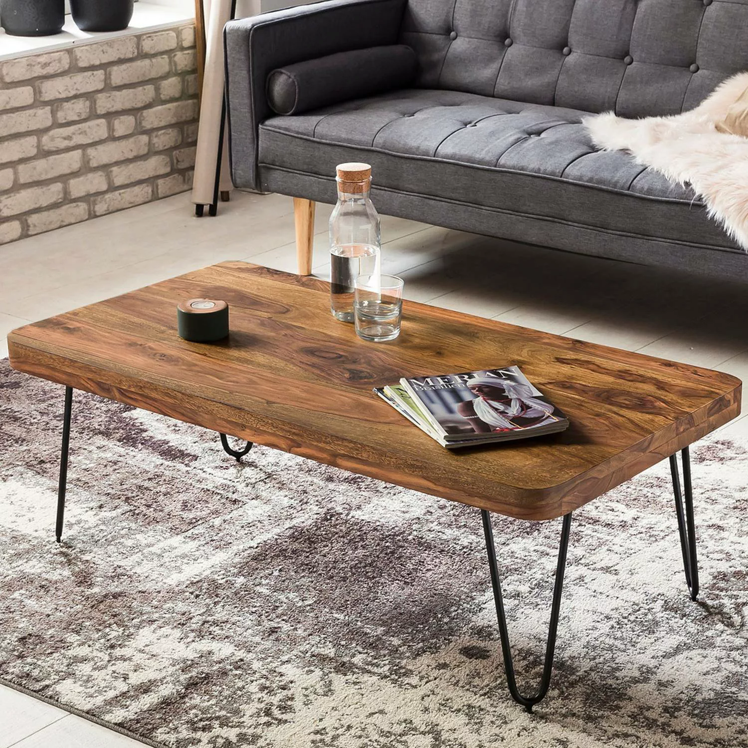 Couchtisch Massiv-Holz Sheesham 115 cm breit Wohnzimmer-Tisch Design Metall günstig online kaufen