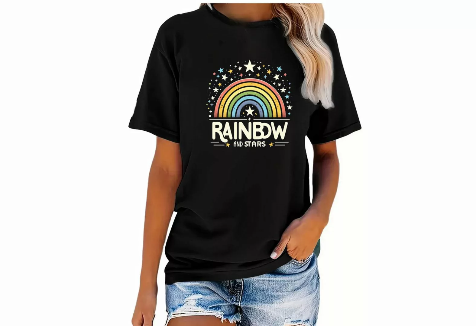 Banco T-Shirt Damen Kurzarm Rainbow Print Unifarben Unifarben, hochwertiger günstig online kaufen