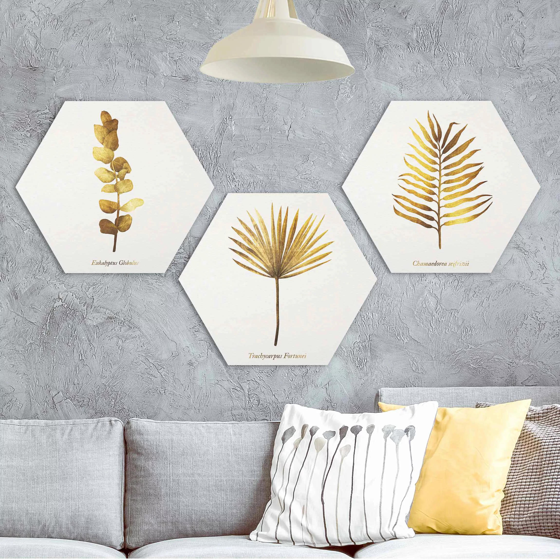 3-teiliges Hexagon-Alu-Dibond Bild Gold - Tropische Blätter Set I günstig online kaufen