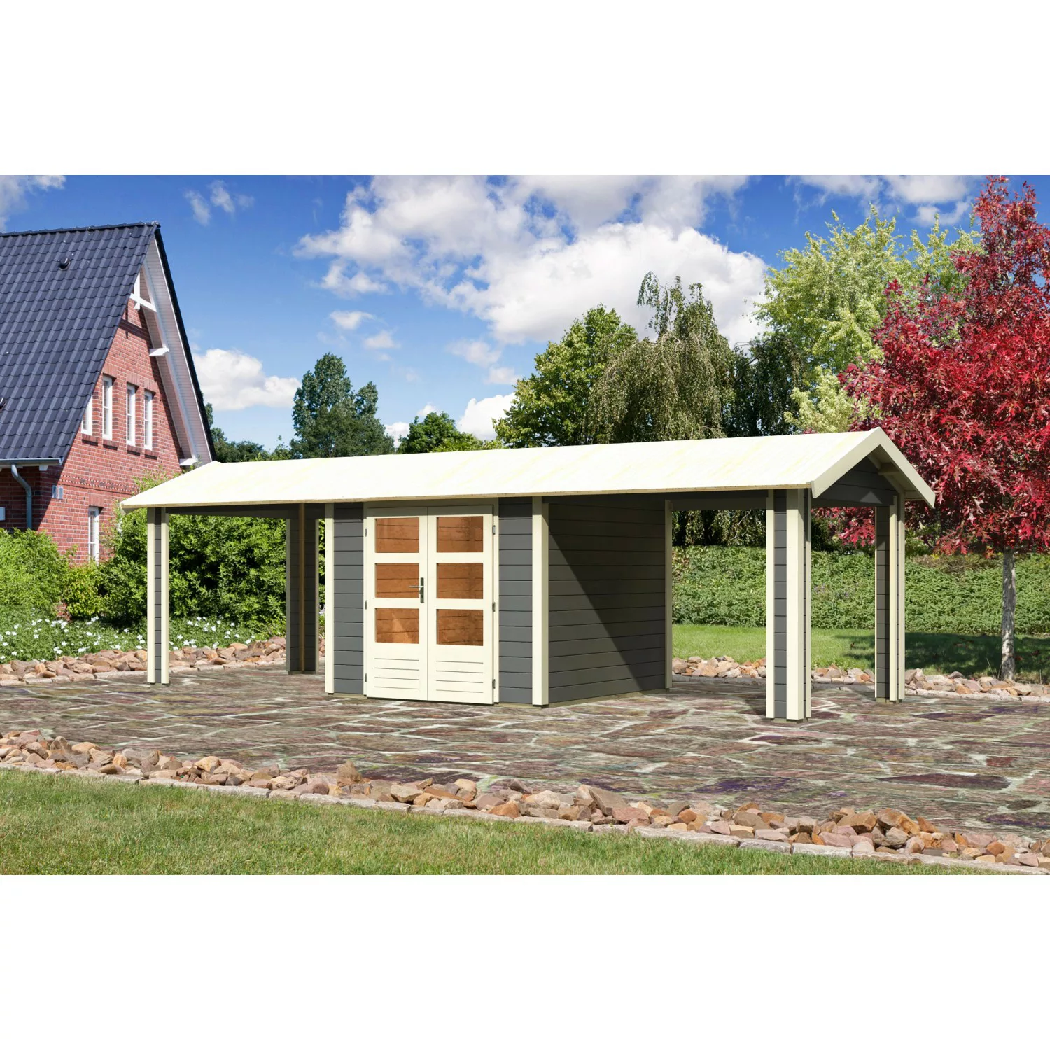 Karibu Holz-Gartenhaus/Gerätehaus Timra Terragrau Satteldach Lackiert 240 c günstig online kaufen