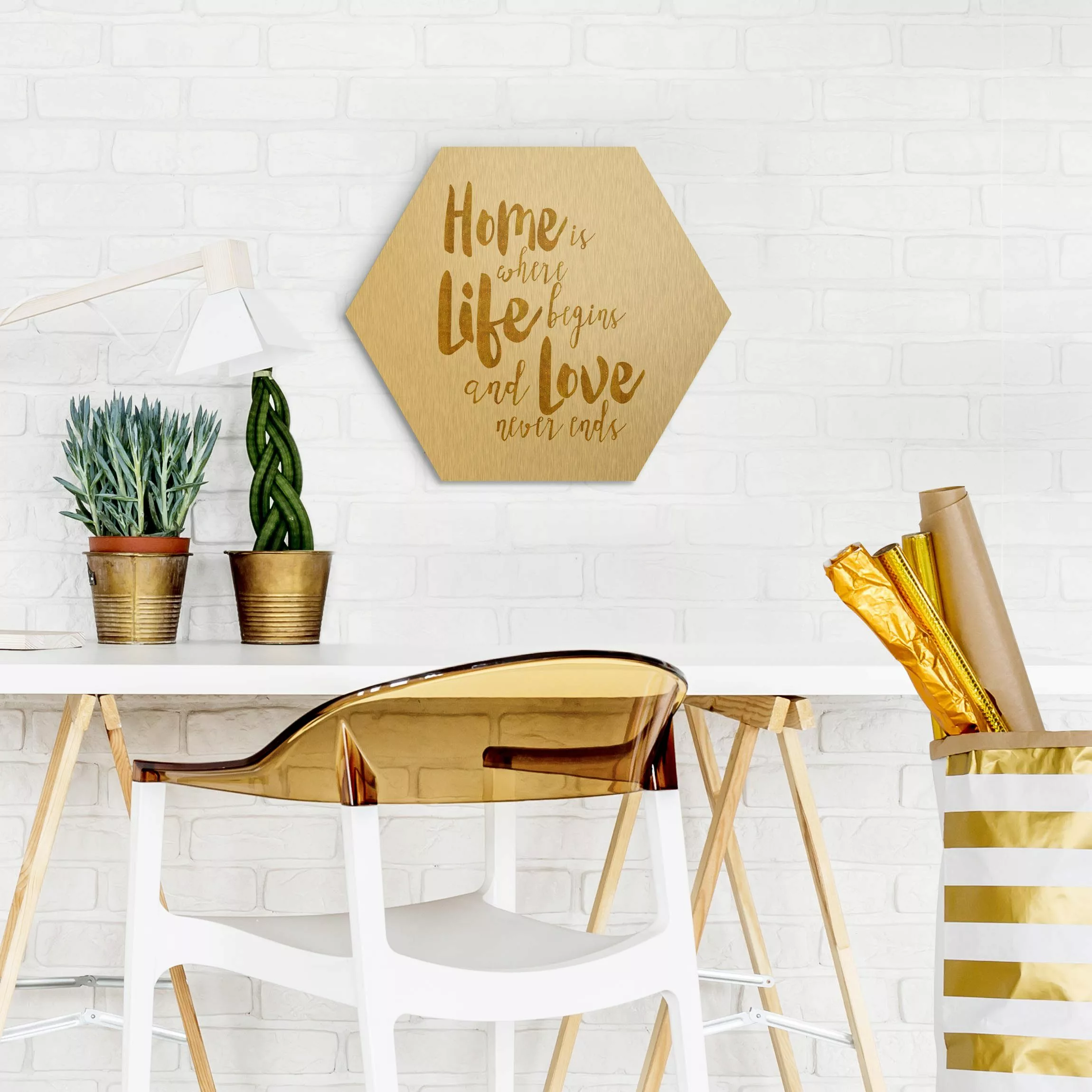 Hexagon-Alu-Dibond Bild Home is where Life begins Gold günstig online kaufen
